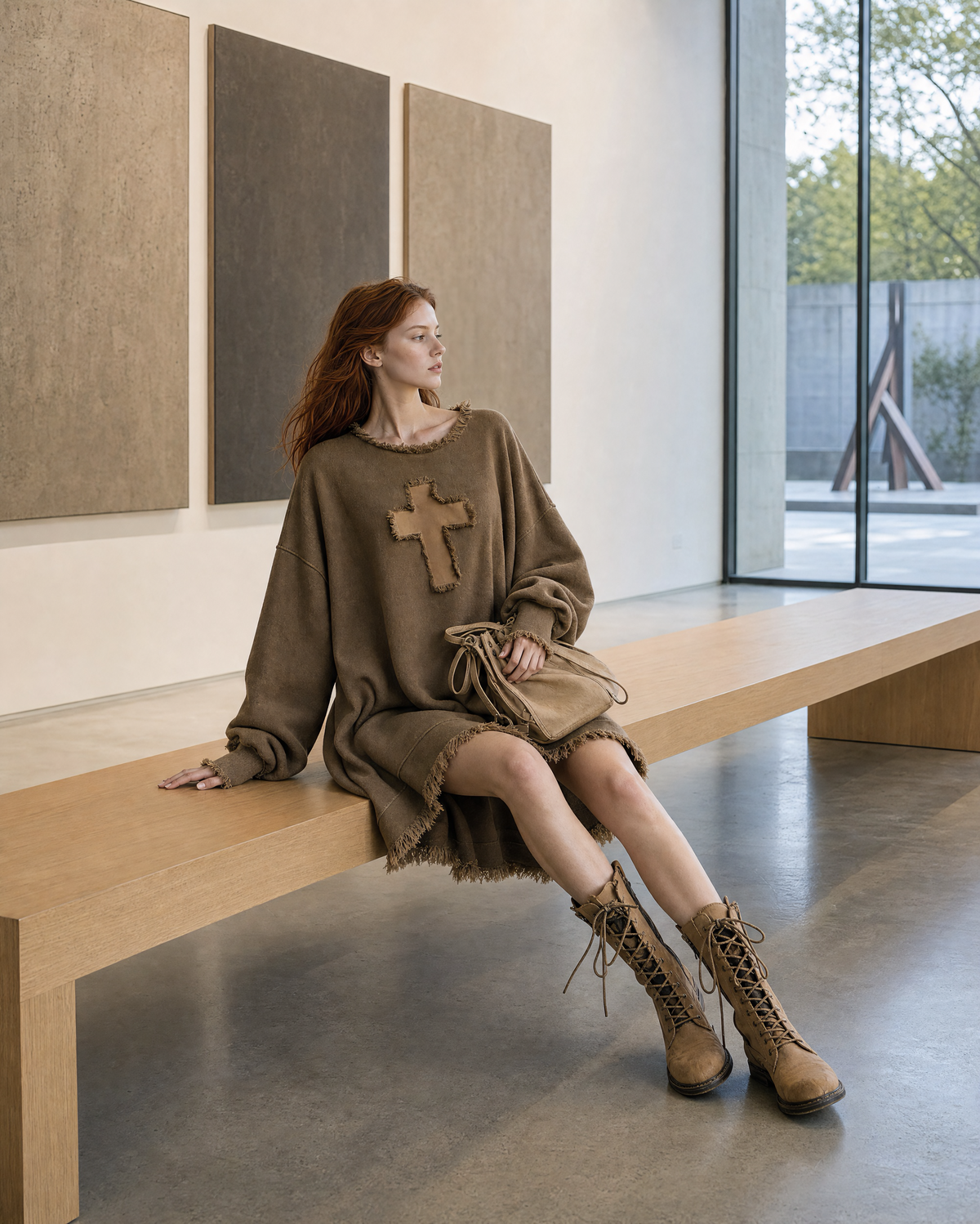 Casual Walnut Brown Knit Round-neck Long-sleeve Oversized Mini Dress MVA002470AA