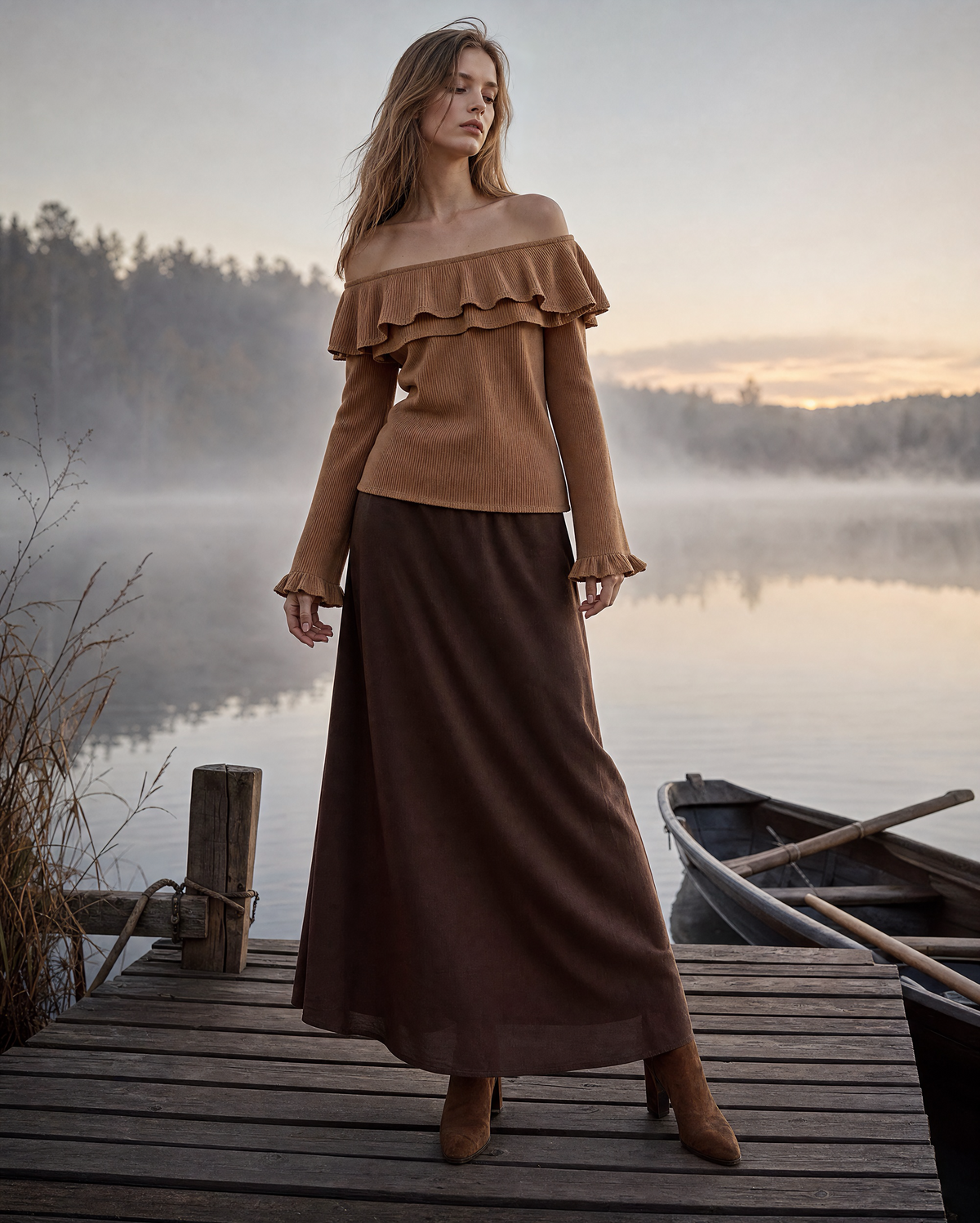 Elegant Camel and Chocolate Off-shoulder Long-sleeve Ruffle Top and Maxi Skirt Set MVA002480AA