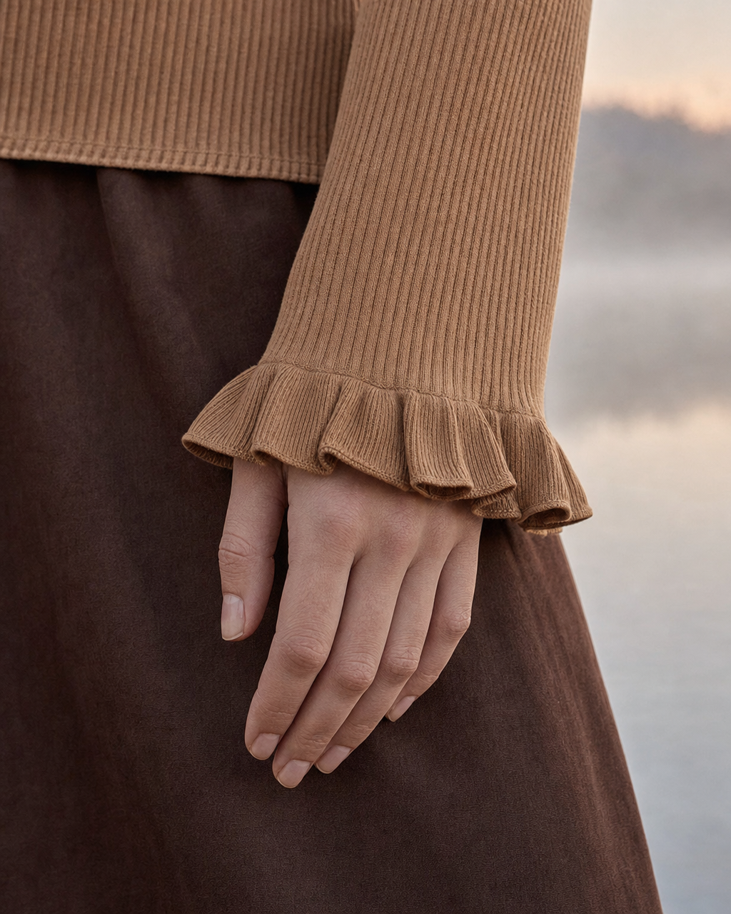 Elegant Camel and Chocolate Off-shoulder Long-sleeve Ruffle Top and Maxi Skirt Set MVA002480AA