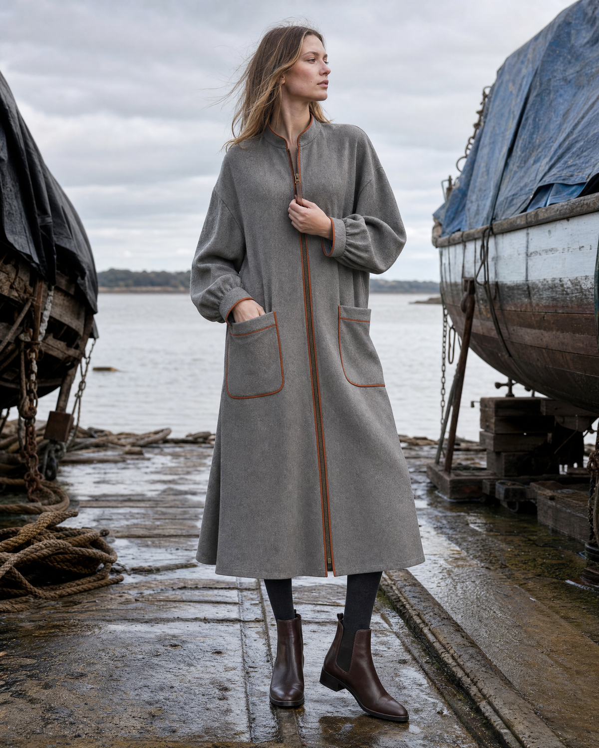 Casual Grey Brushed Wool-blend Stand-collar Long-sleeve Midi Coat MVA002490AA