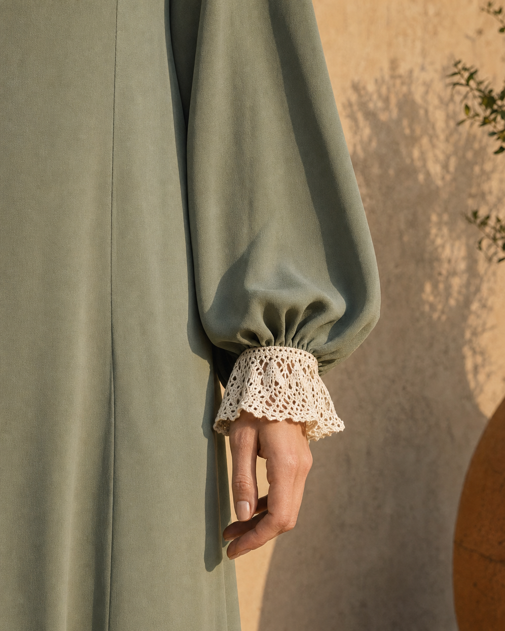Bohemian Sage Green Woven Lace-trim V-neck Long-sleeve Maxi Dress MVA002500AA