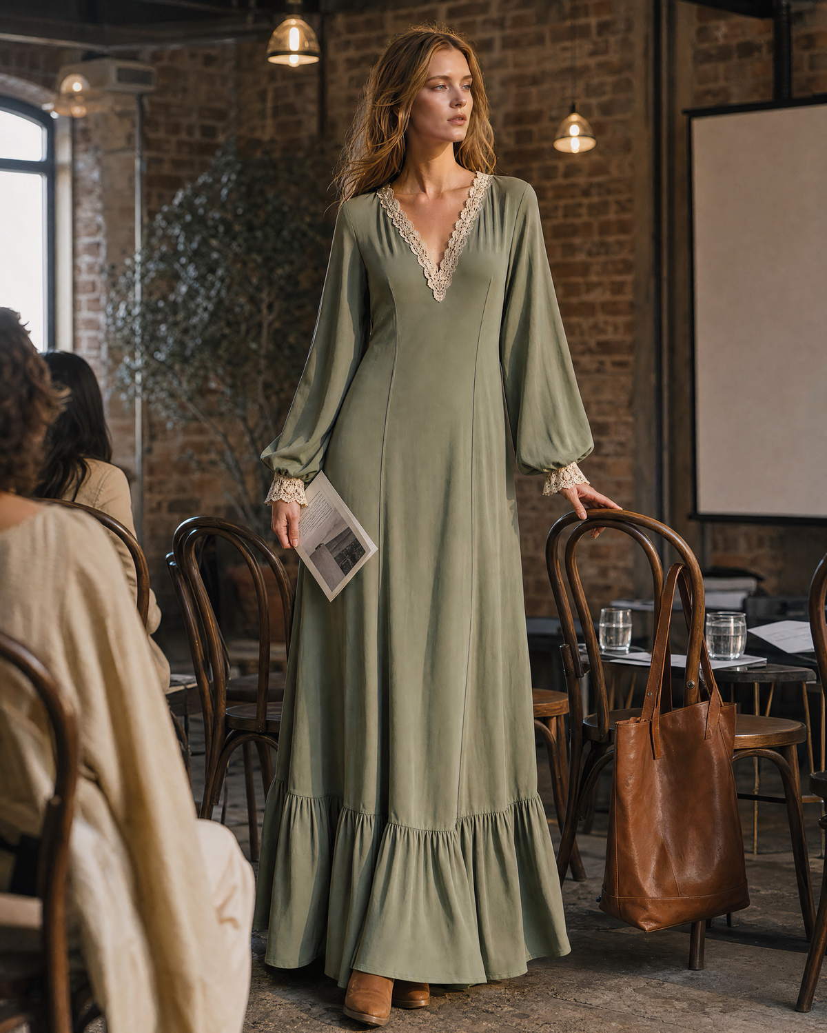 Bohemian Sage Green Woven Lace-trim V-neck Long-sleeve Maxi Dress MVA002500AA