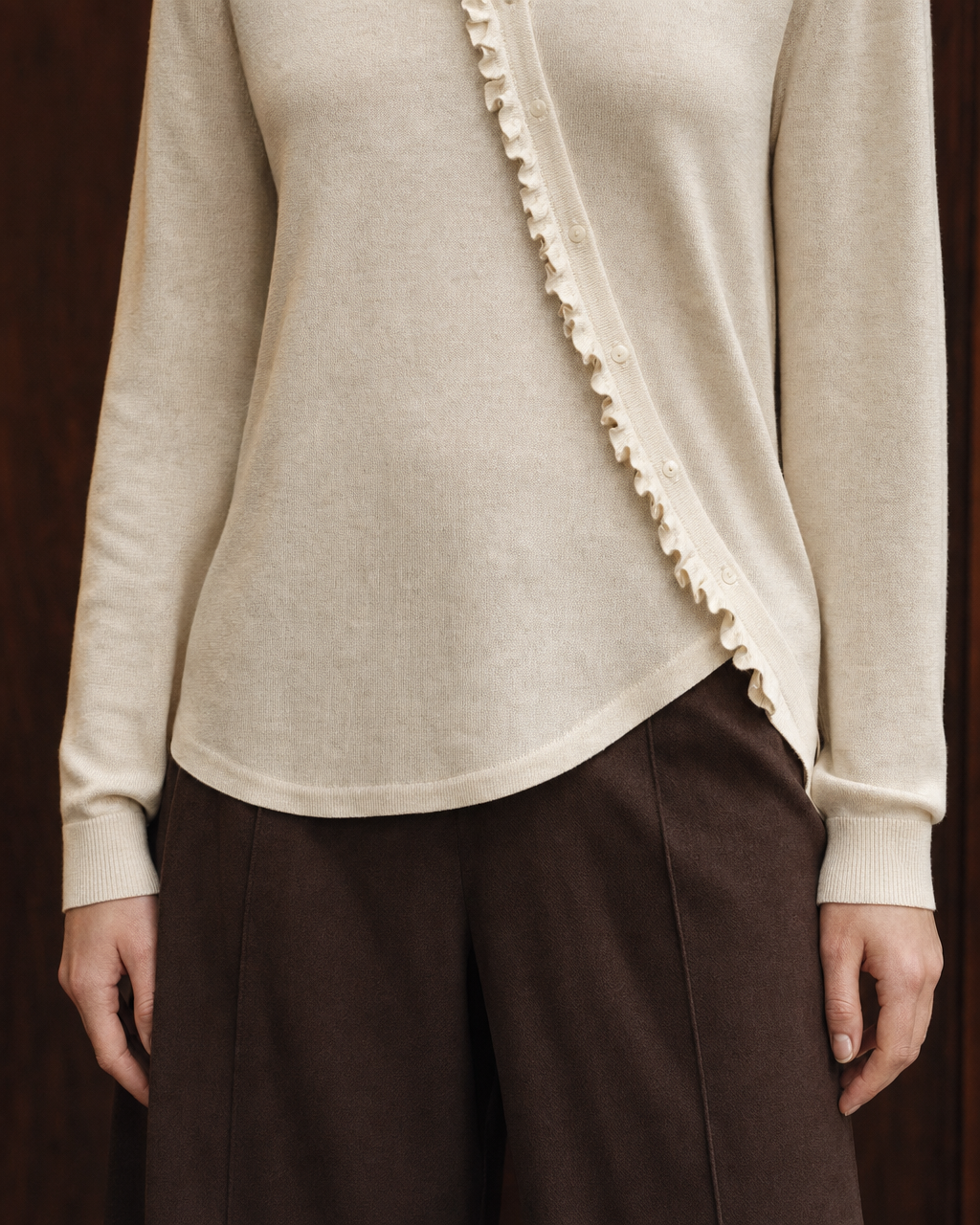 Bohemian Oatmeal Knit Asymmetric Ruffled Round-neck Hip-length Top MVA002520AA