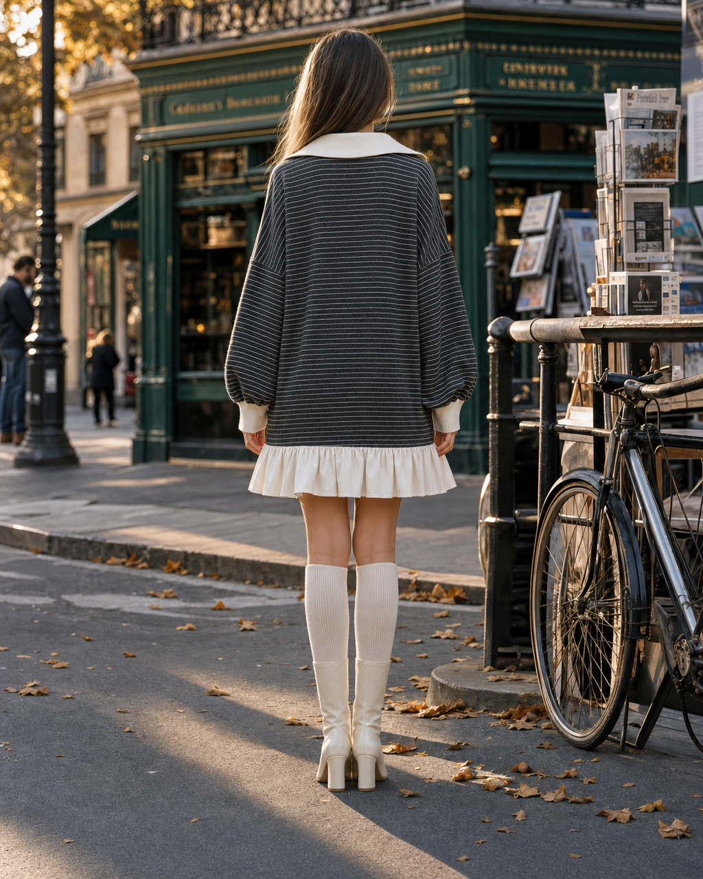 Bohemian Charcoal Striped Knit Ruffled-hem Polo-collar Mini Dress MVA002530AA