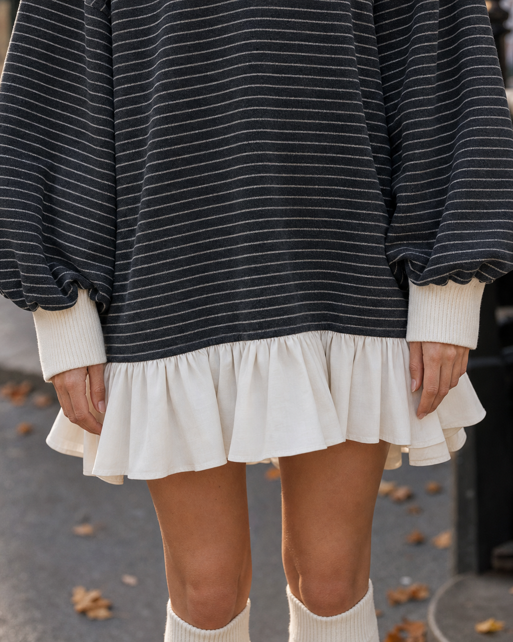 Bohemian Charcoal Striped Knit Ruffled-hem Polo-collar Mini Dress MVA002530AA