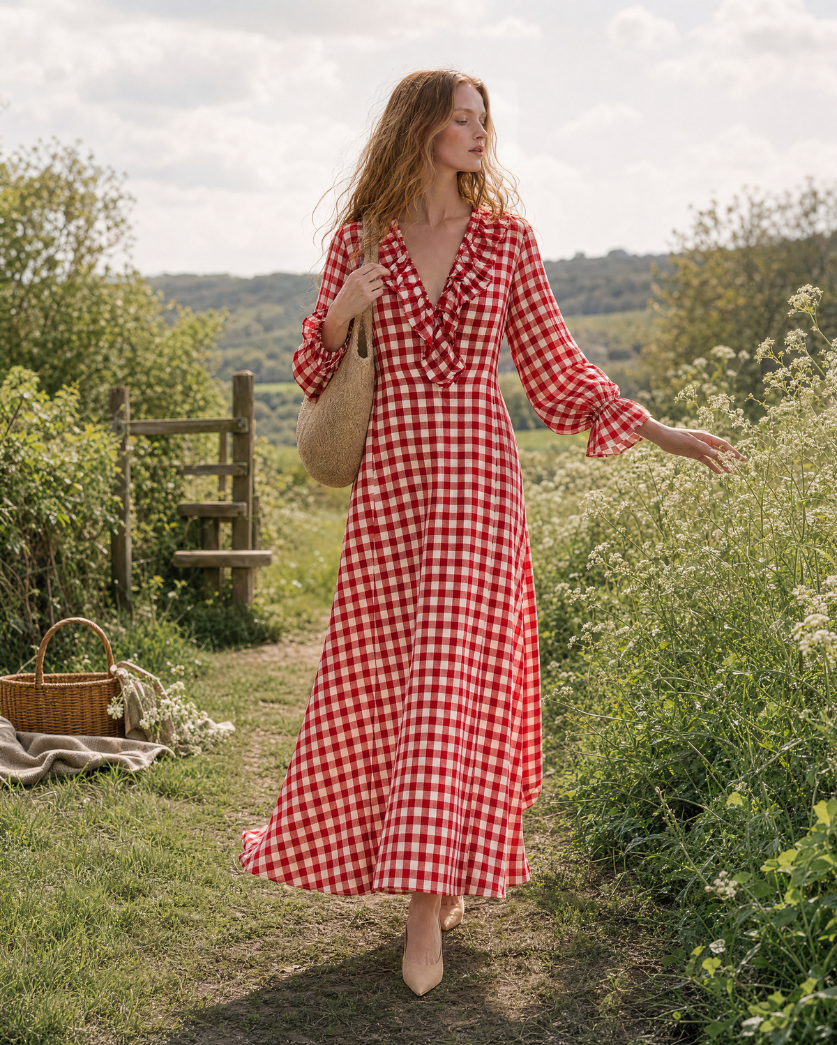 Bohemian Red Gingham Cotton-linen Ruffled V-neck Maxi Dress MVA002540AA