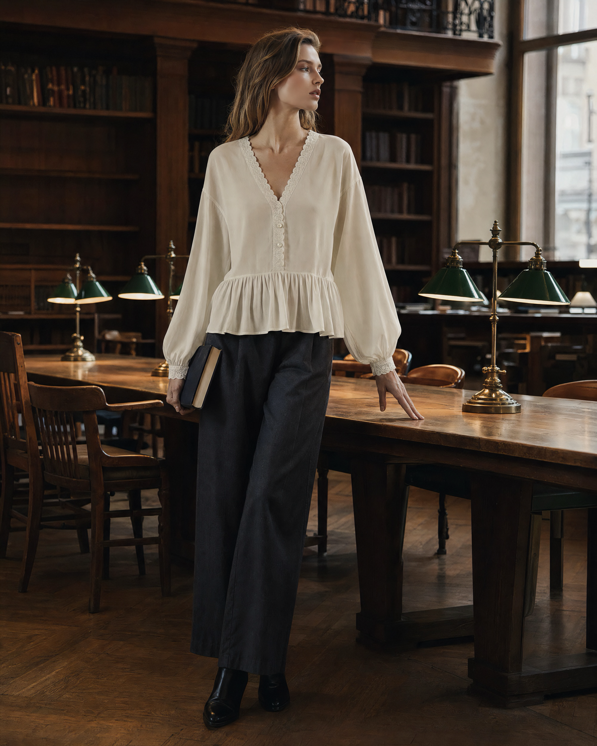 Bohemian Ivory Lace-trimmed V-neck Peplum Blouse MVA002550AA