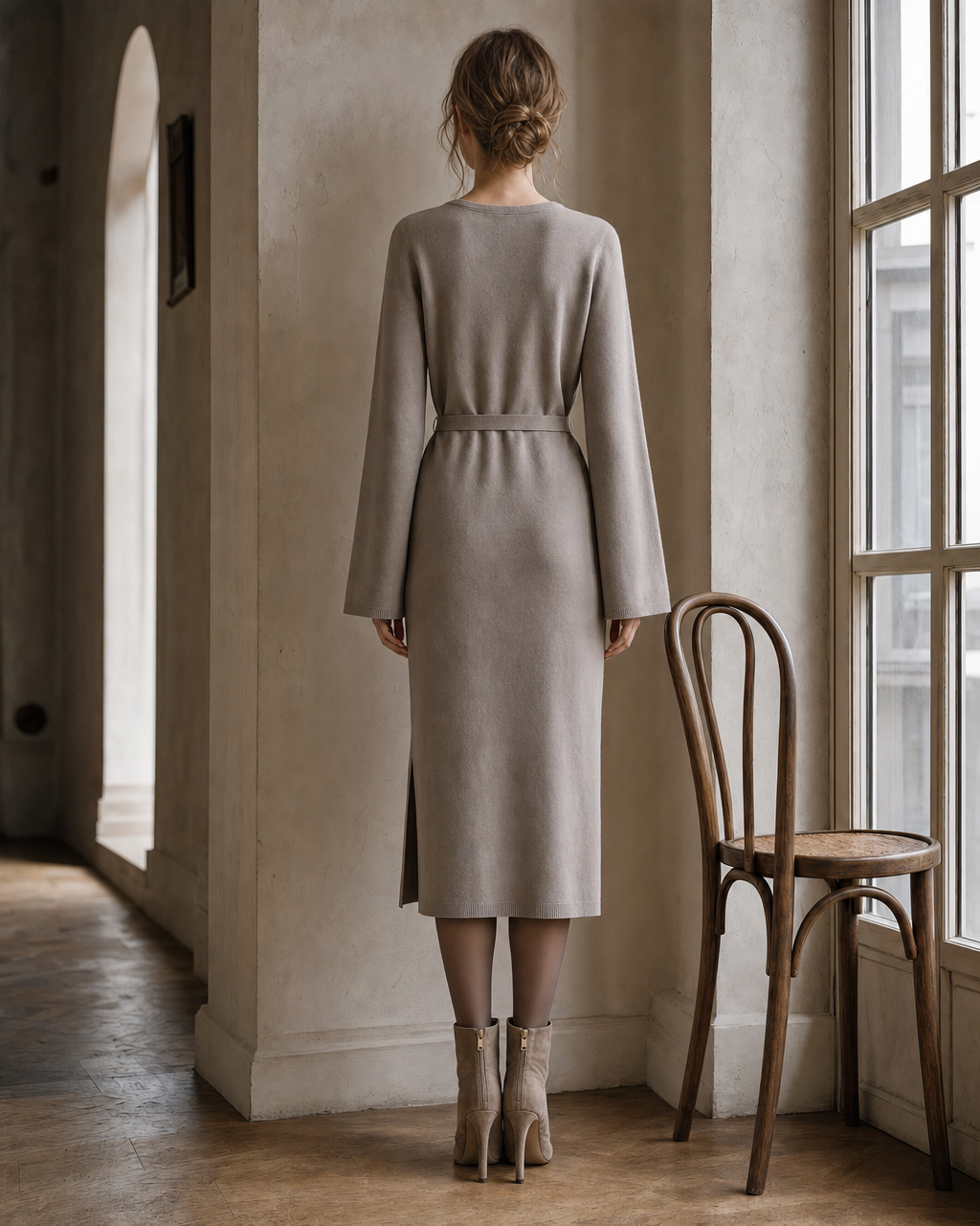 Casual Taupe Knit Round-neck Long-sleeve Belted Midi Dress MVA002560AA