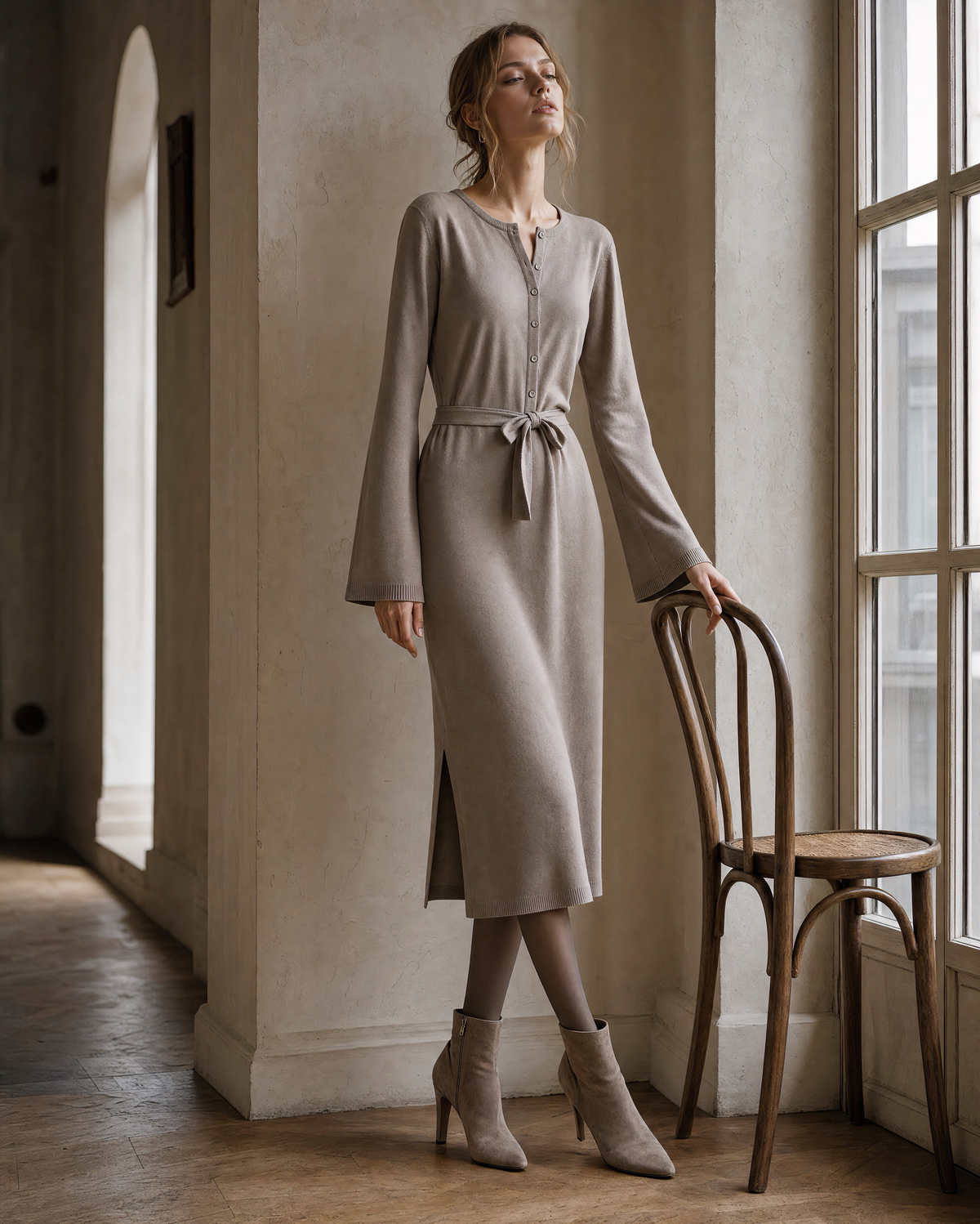 Casual Taupe Knit Round-neck Long-sleeve Belted Midi Dress MVA002560AA