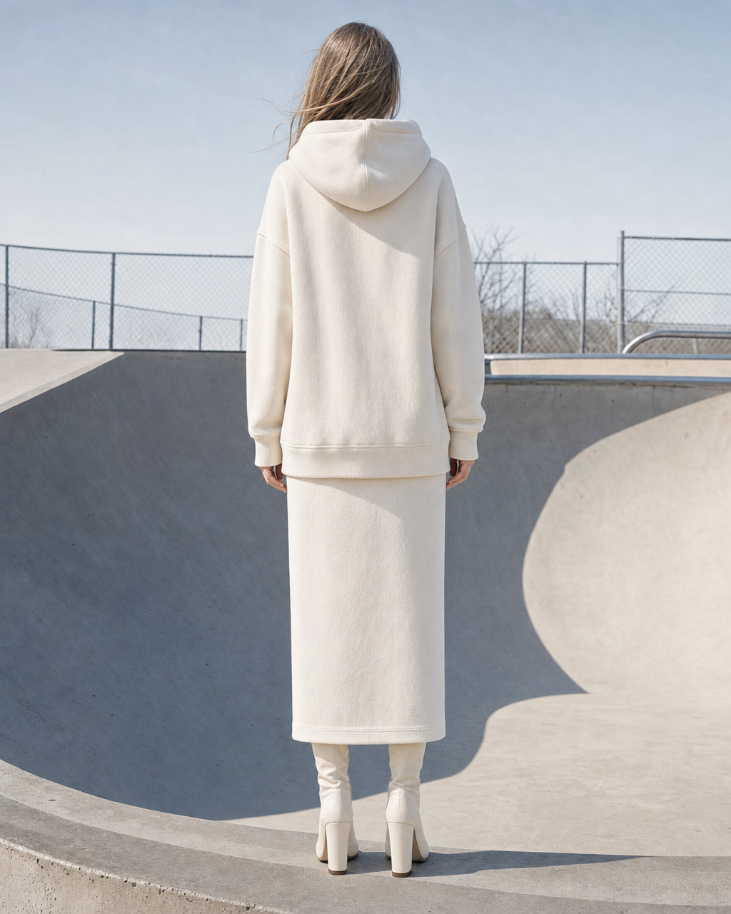 Casual Cream Brushed Sweatshirt Hooded Long-sleeve Two-piece Skirt Set MVA002570AA