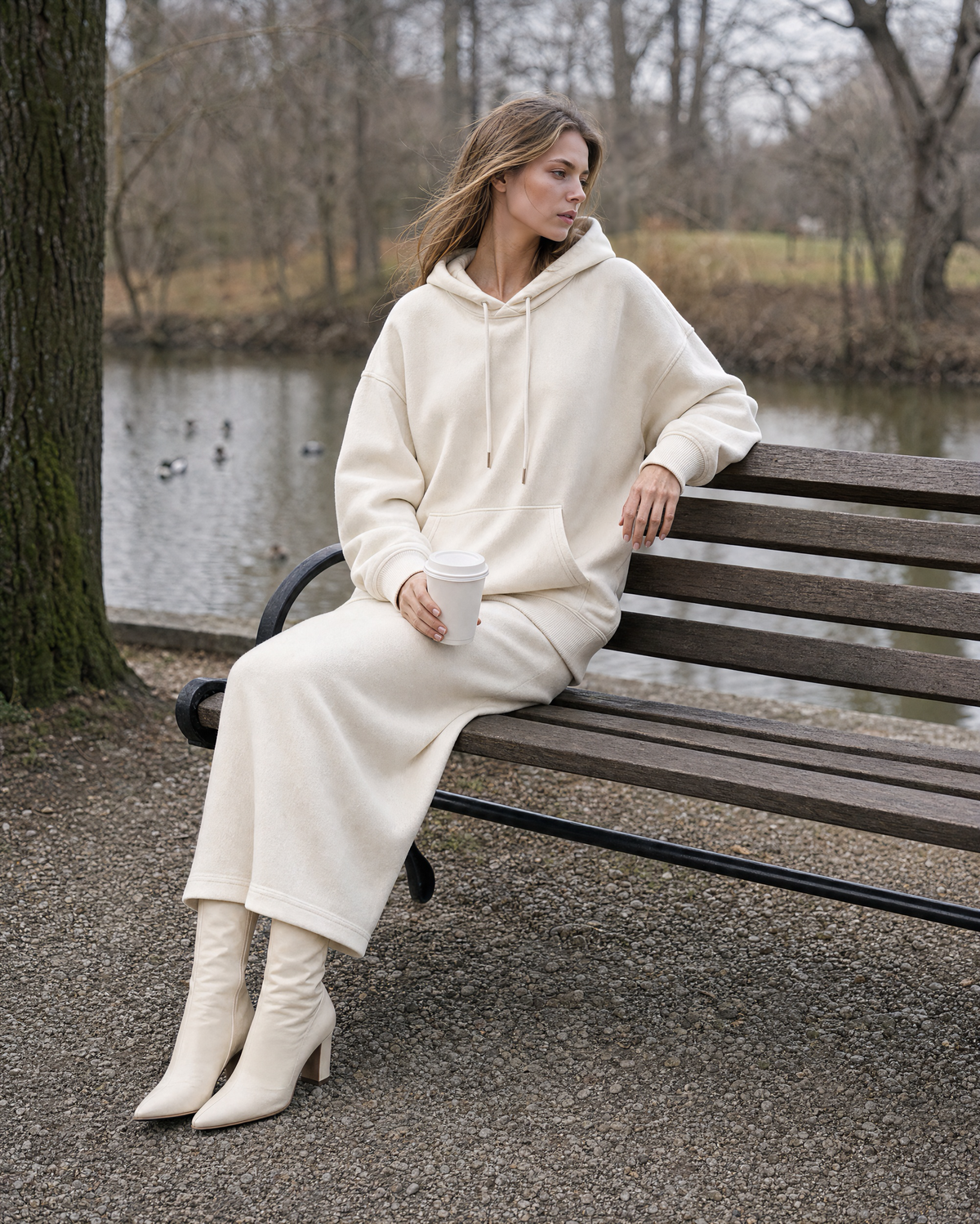 Casual Cream Brushed Sweatshirt Hooded Long-sleeve Two-piece Skirt Set MVA002570AA