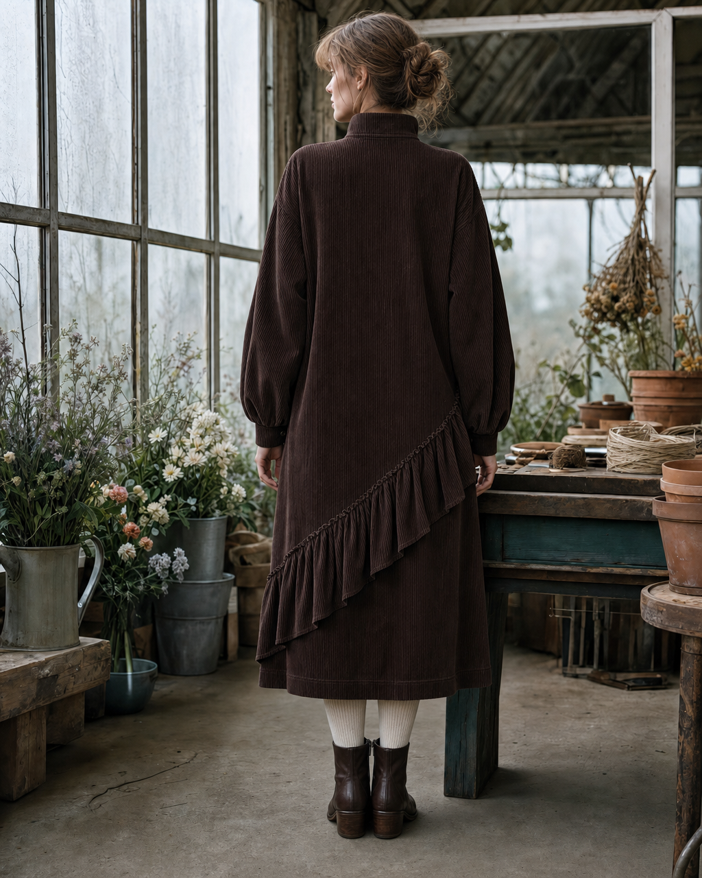 Casual Chocolate Brown Corduroy Stand-collar Long-sleeve Ruffled Midi Dress MVA002620AA