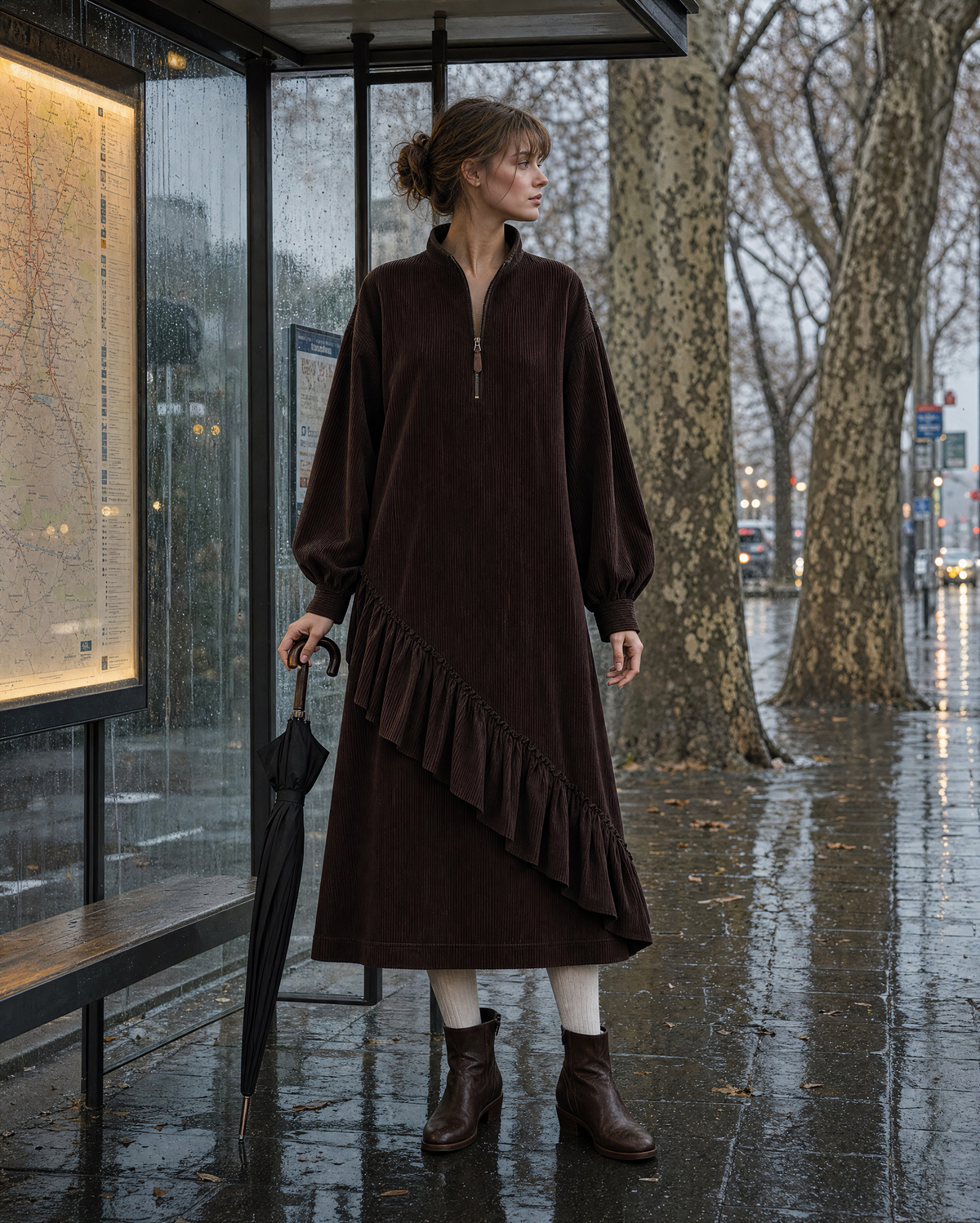 Casual Chocolate Brown Corduroy Stand-collar Long-sleeve Ruffled Midi Dress MVA002620AA