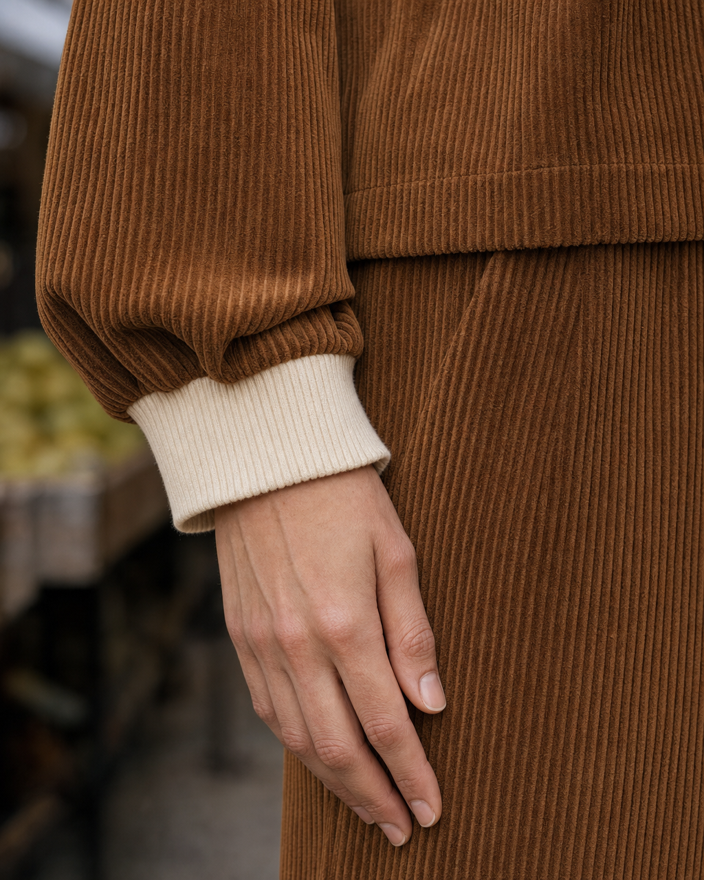 Casual Caramel Corduroy Contrast Polo-collar Long-sleeve Two-piece Wide-leg Pants Set MVA002670AA