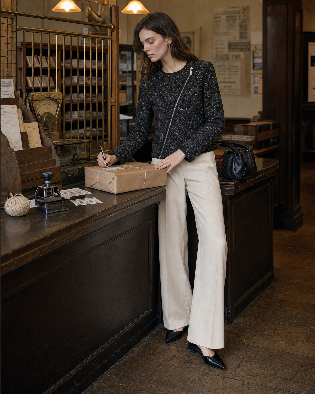 Elegant Charcoal Tweed Round-neck Long-sleeve Asymmetric Zip Jacket MVA002680AA