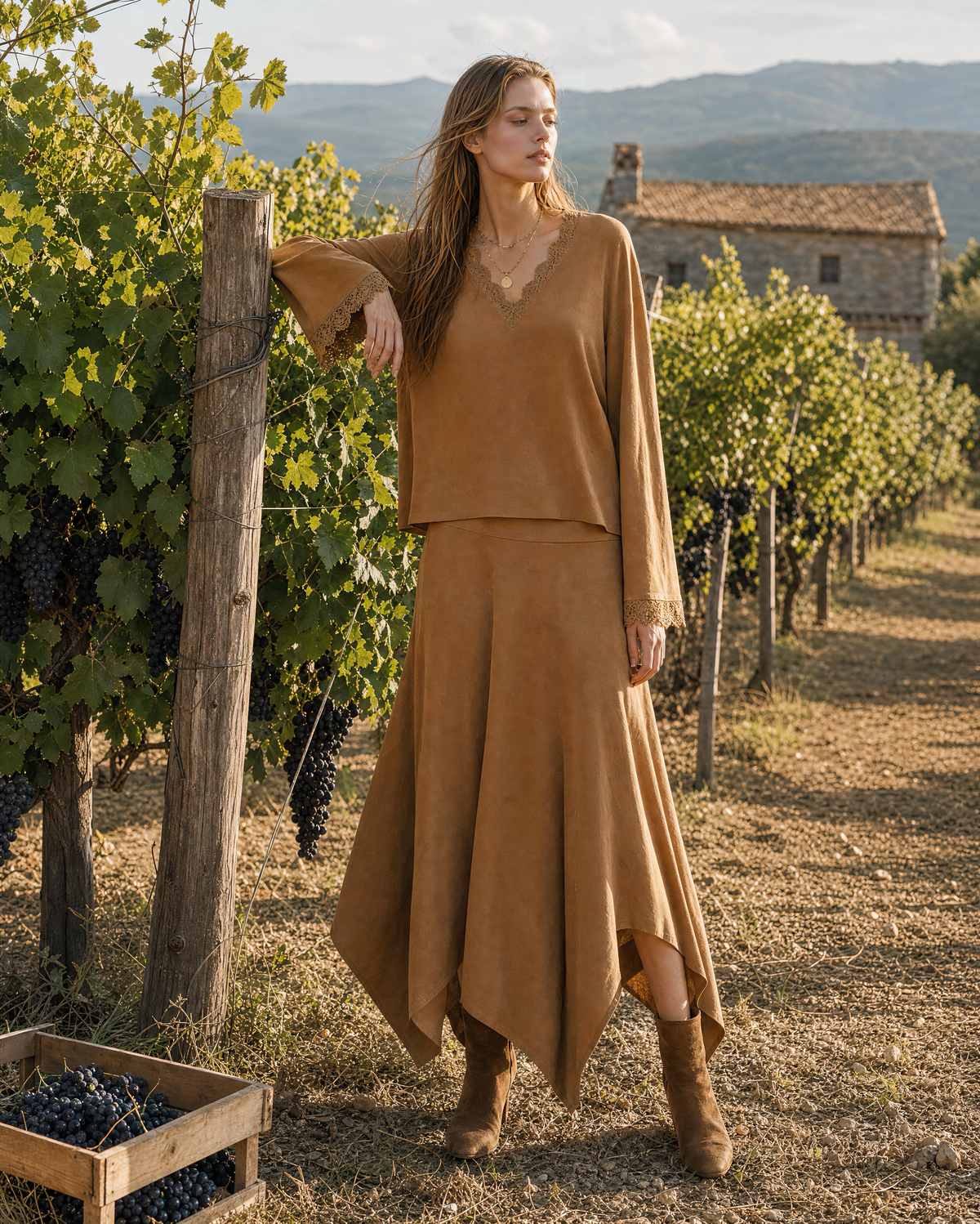 Bohemian Camel Faux-suede Lace-trimmed V-neck Long-sleeve Two-piece Maxi Skirt Set MVA002690AA