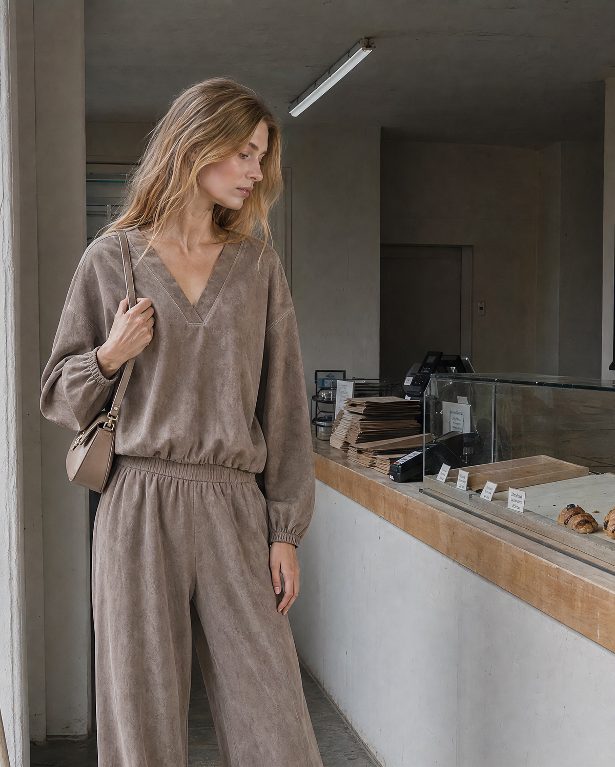 Casual Taupe Faux-suede V-neck Long-sleeve Two-piece Wide-leg Pants Set MVA002700AA