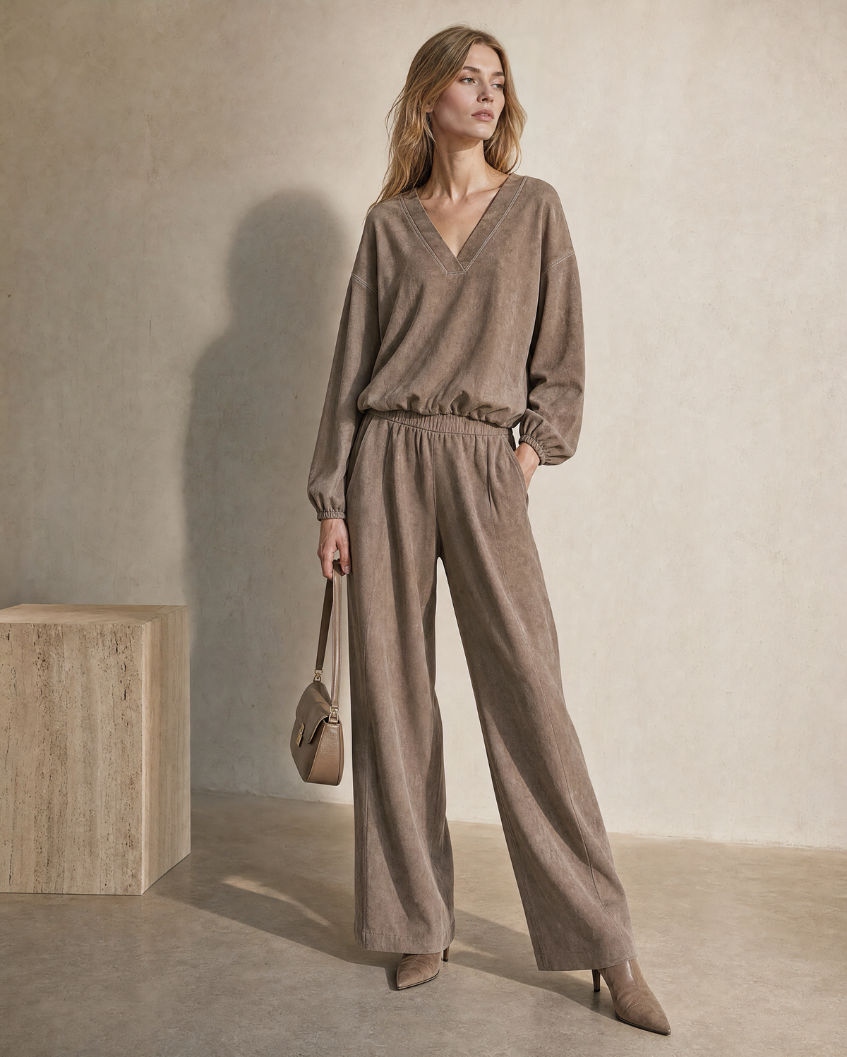 Casual Taupe Faux-suede V-neck Long-sleeve Two-piece Wide-leg Pants Set MVA002700AA