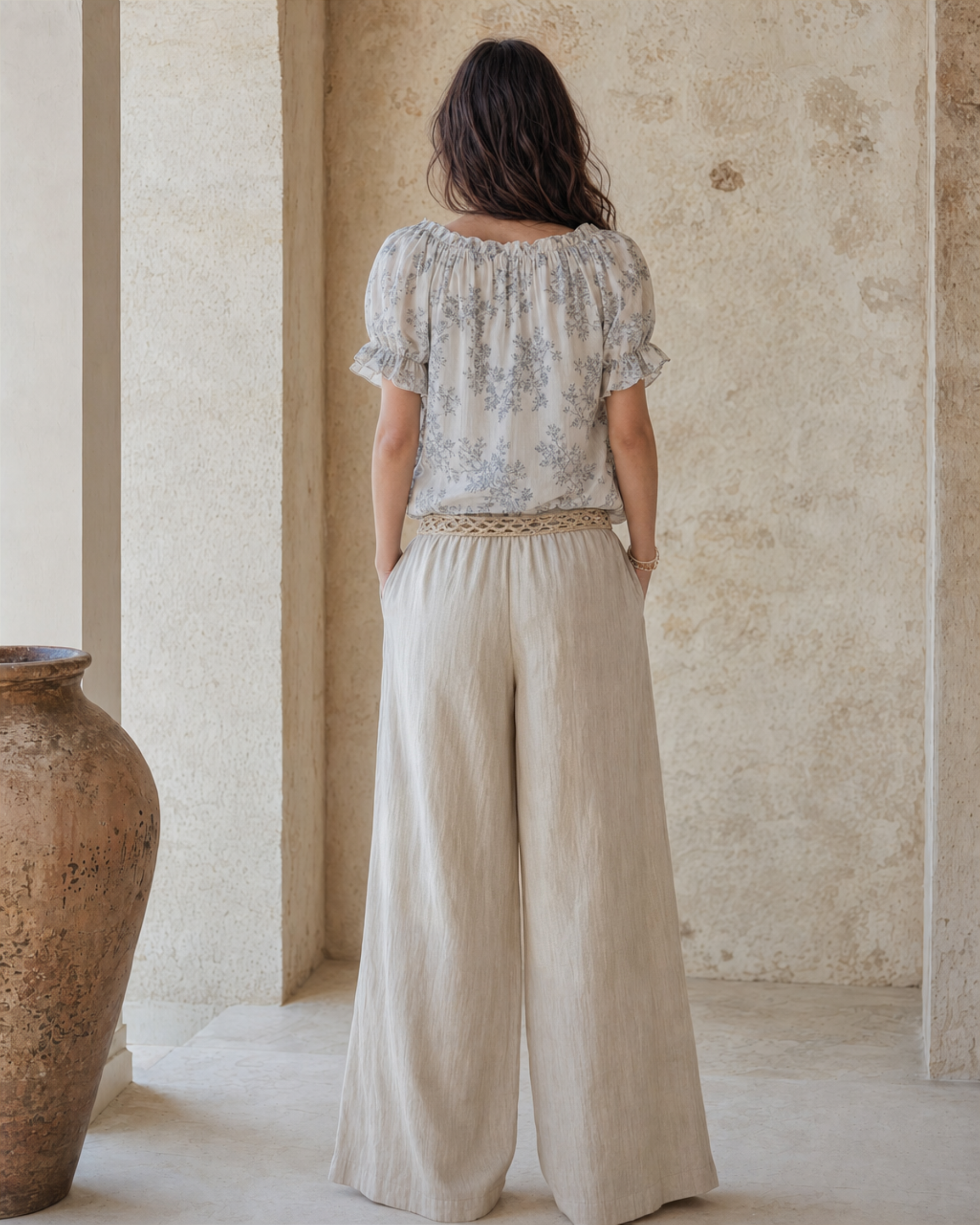 Neutral Floral Puff Sleeve Blouse & Linen Wide Leg Pants Two Piece Set MVA000270AA