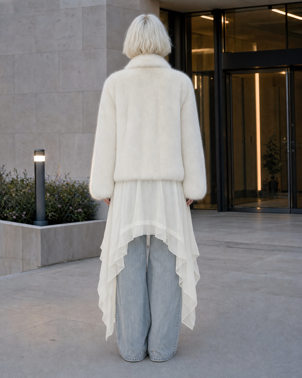 Elegant Ivory Faux-fur Shawl-collar Long-sleeve Cropped Jacket MVA002730AA