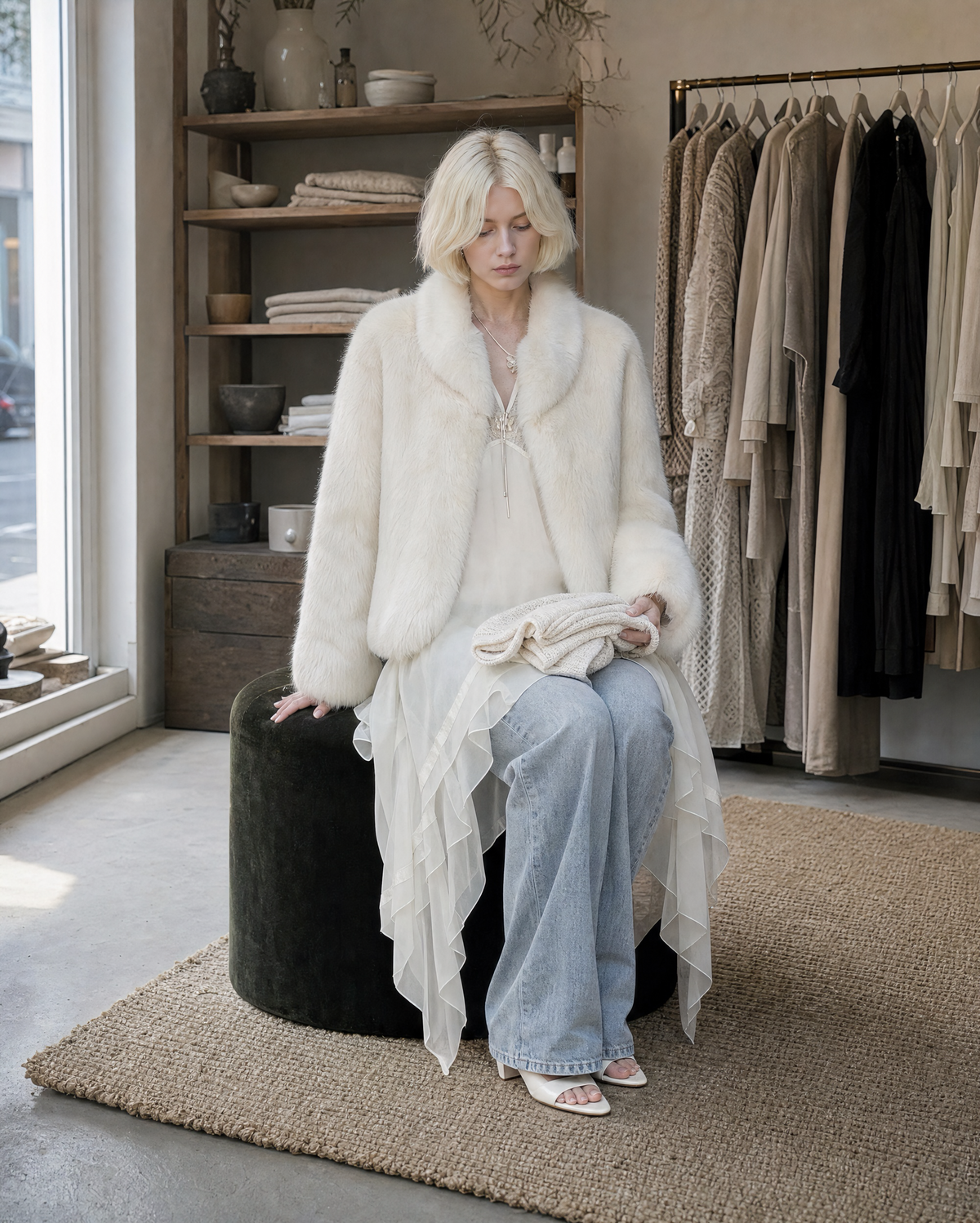 Elegant Ivory Faux-fur Shawl-collar Long-sleeve Cropped Jacket MVA002730AA