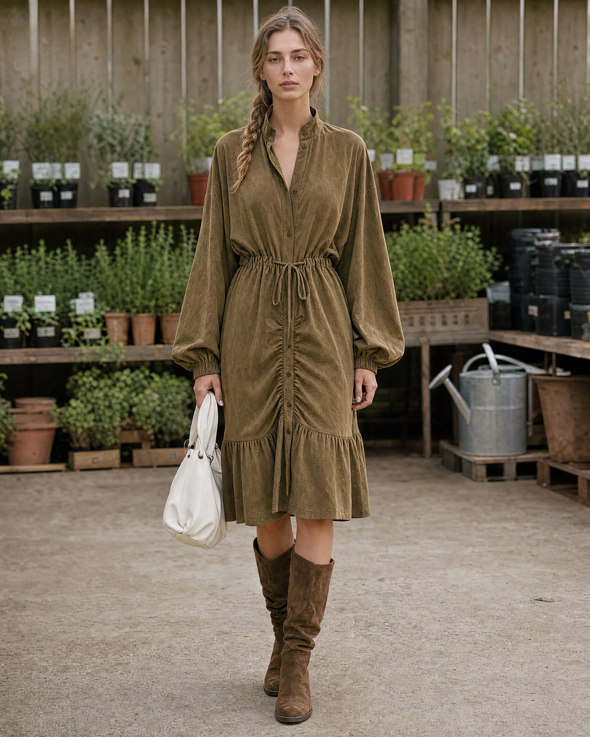 Bohemian Olive Faux-suede Stand-collar Long-sleeve Drawstring Waist Midi Shirt Dress MVA002740AA