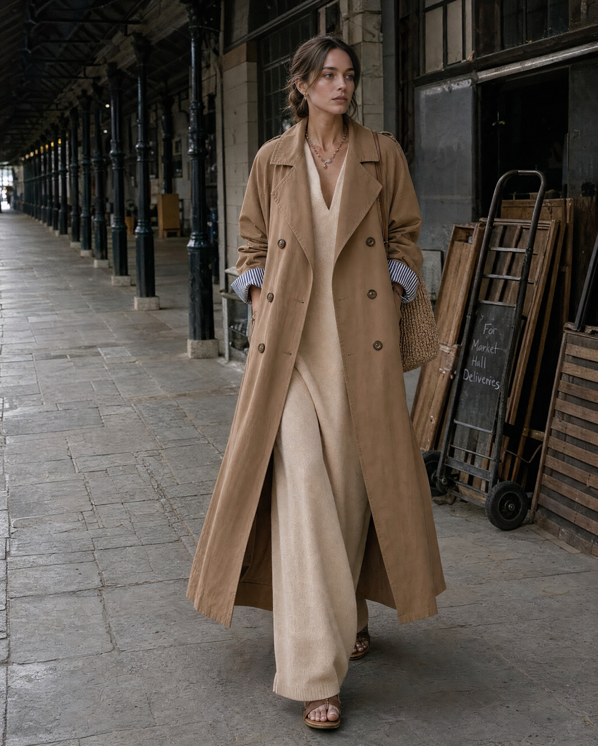 Elegant Camel Cotton-blend Lapel Long-sleeve Double-breasted Maxi Trench Coat MVA002770AA