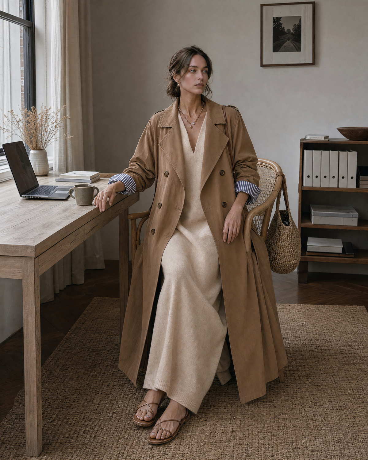 Elegant Camel Cotton-blend Lapel Long-sleeve Double-breasted Maxi Trench Coat MVA002770AA