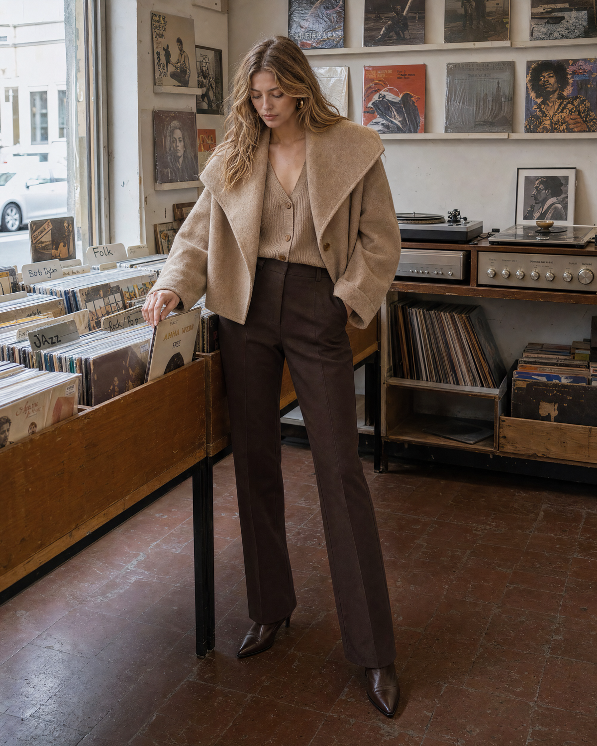 Chic Camel Wool-blend Shawl-collar Long-sleeve Oversized Cropped Jacket MVA002800AA