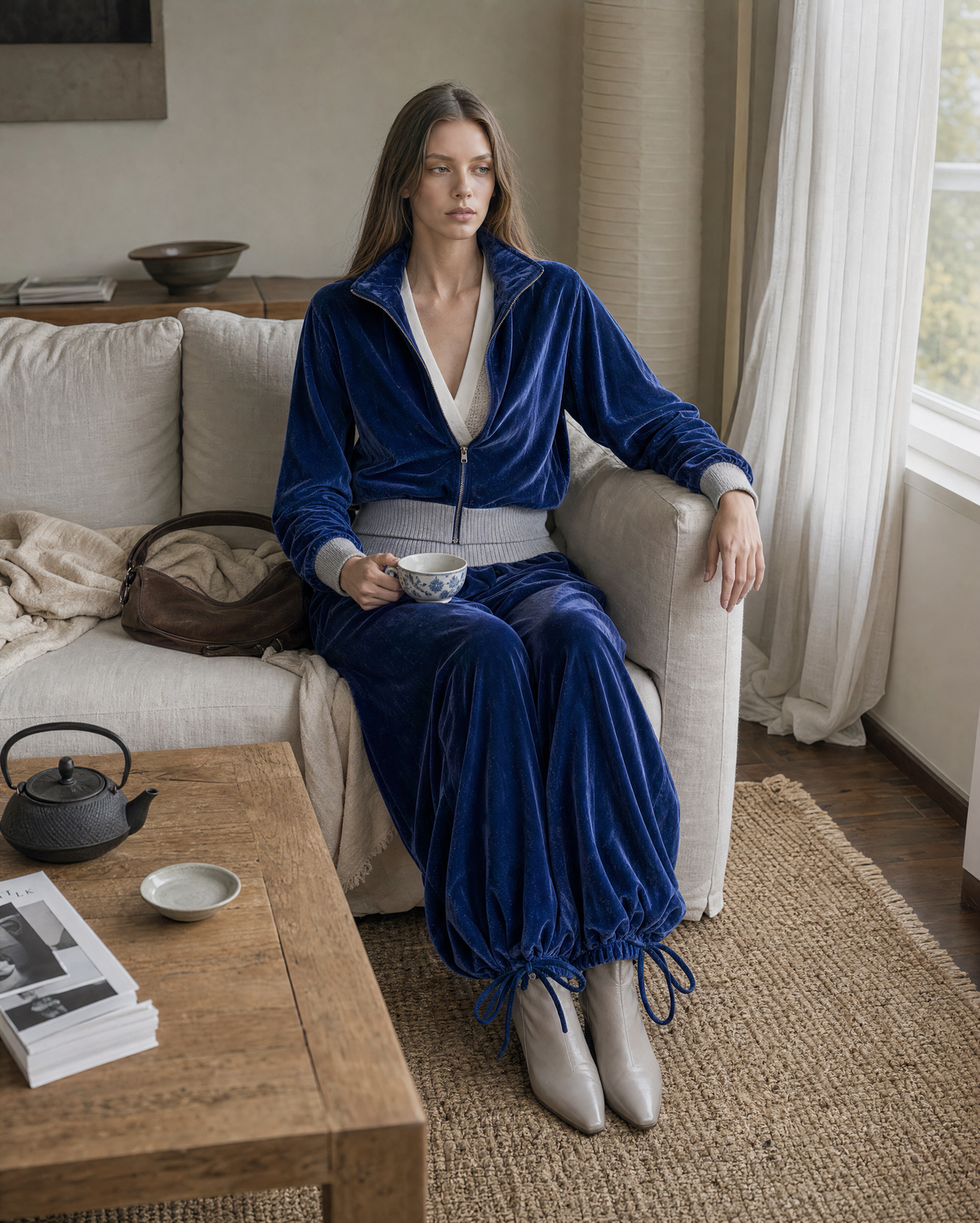 Chic Navy Velvet Stand-collar Long-sleeve Two-piece Balloon Pants Set MVA002810AA