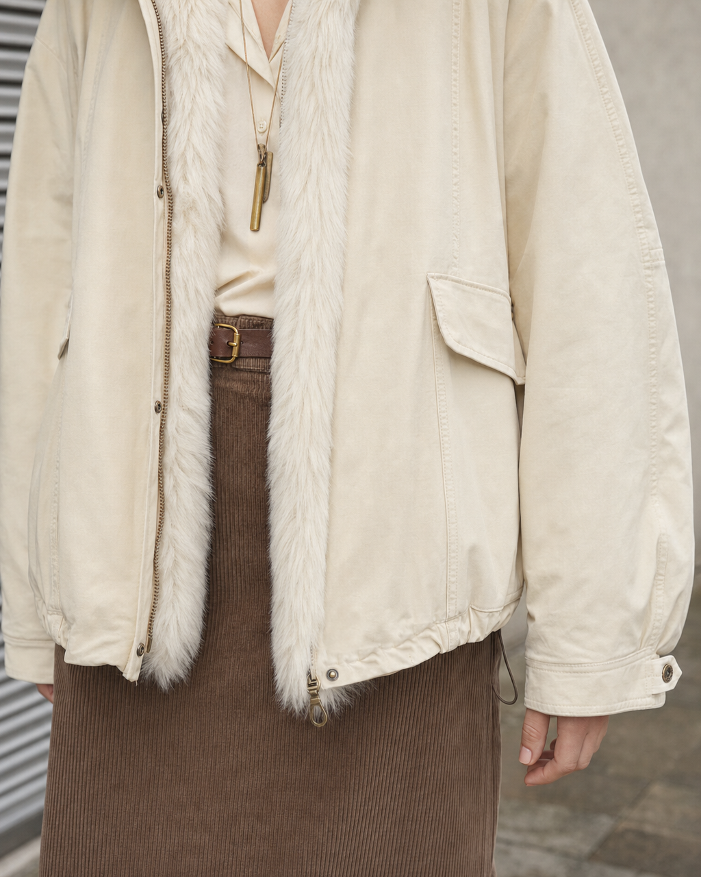 Casual Cream Woven Cotton Faux Shearling Collar Long-sleeve Oversized Jacket MVA002820AA