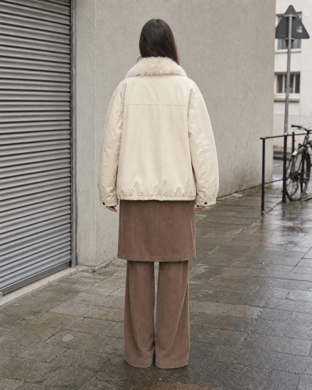 Casual Cream Woven Cotton Faux Shearling Collar Long-sleeve Oversized Jacket MVA002820AA