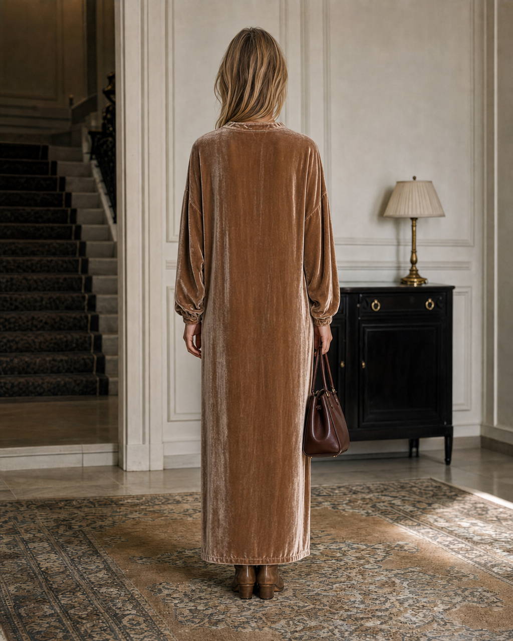 Elegant Caramel Velvet Split V-neck Long-sleeve Maxi Dress MVA002830AA