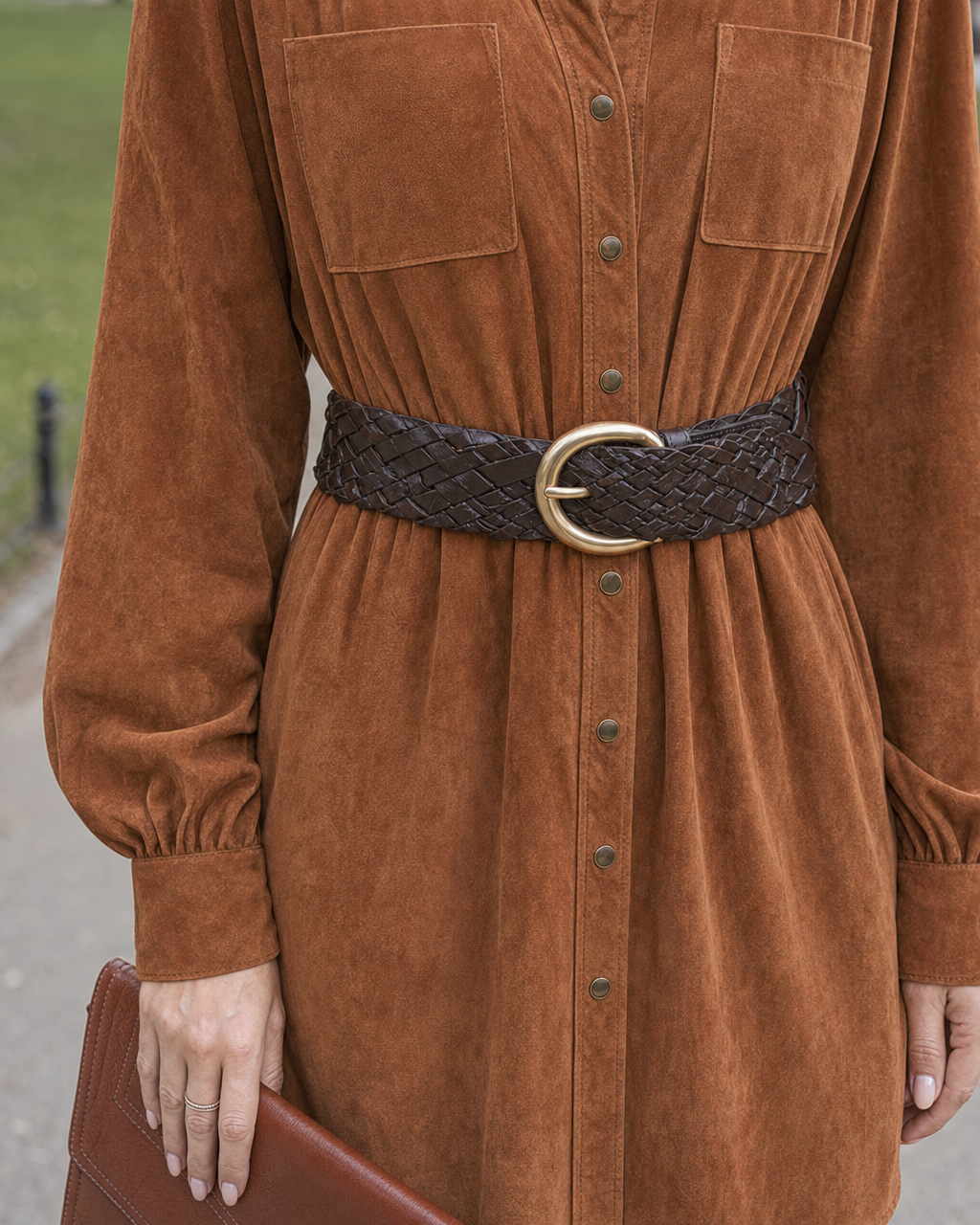 Retro Rust Faux Suede Shirt Collar Long-sleeve Button-front Mini Shirt Dress MVA002840AA
