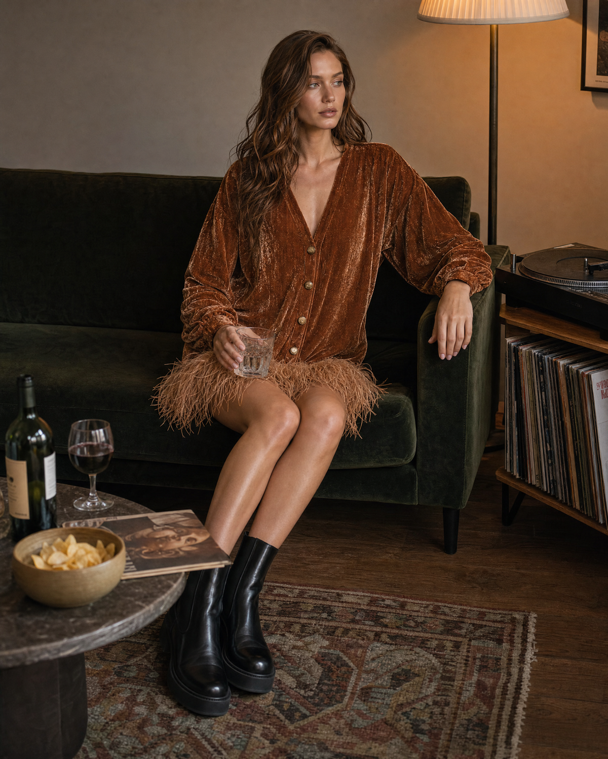 Elegant Caramel Velvet Feather-trim V-neck Balloon-sleeve Mini Dress MVA002860AA