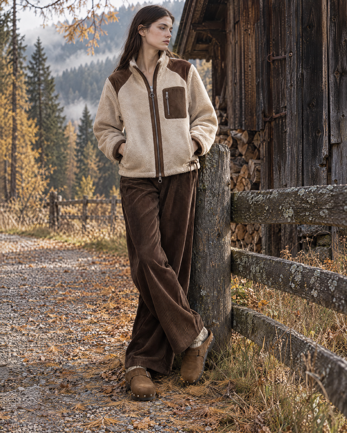 Casual Cream Sherpa Contrast-panel Zip-front Hip-length Jacket MVA002870AA