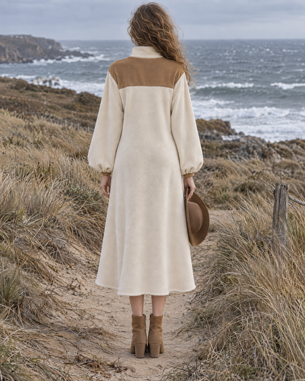 Casual Cream Sherpa Suede-yoke Half-zip Long-sleeve Midi Dress MVA002900AA