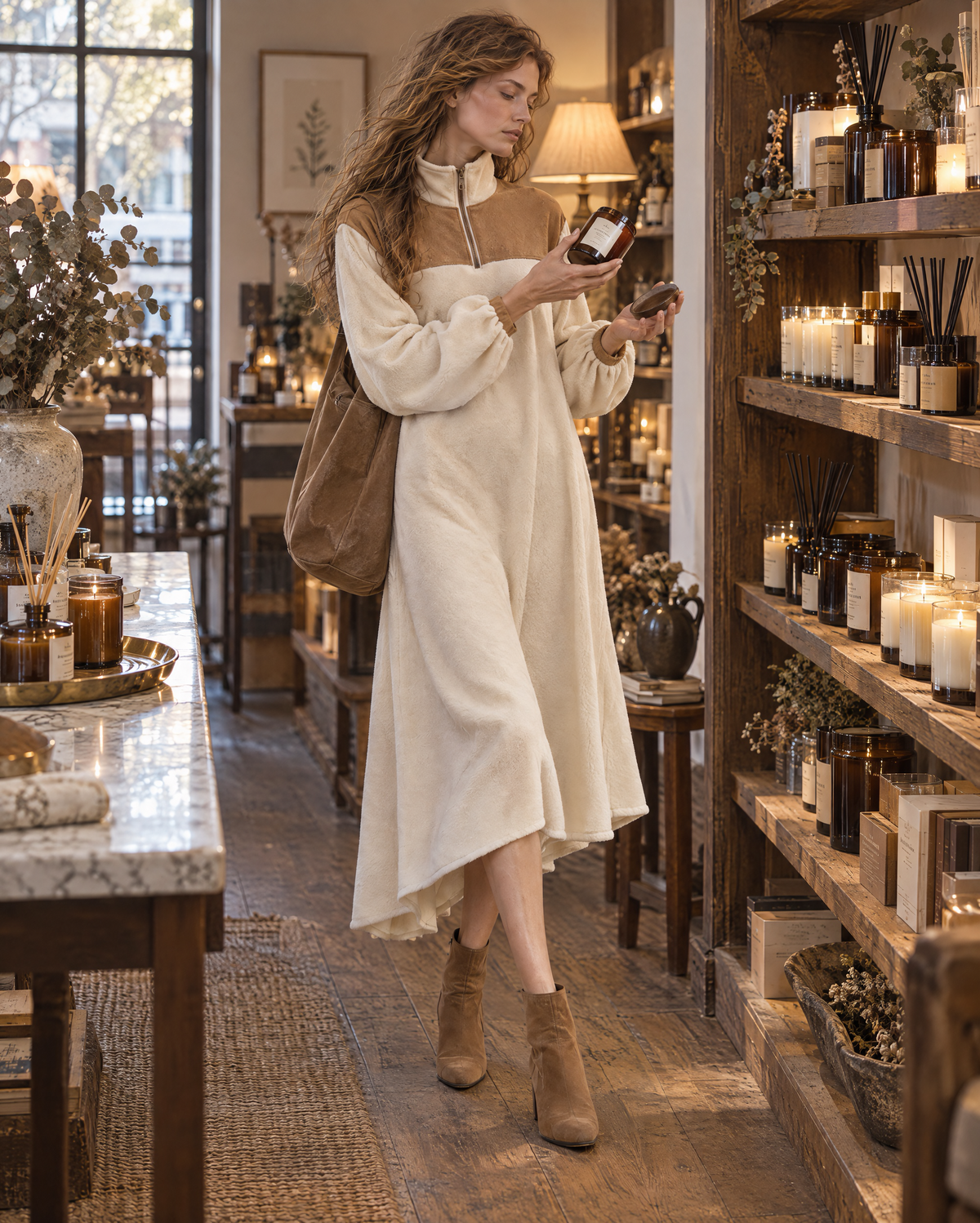 Casual Cream Sherpa Suede-yoke Half-zip Long-sleeve Midi Dress MVA002900AA