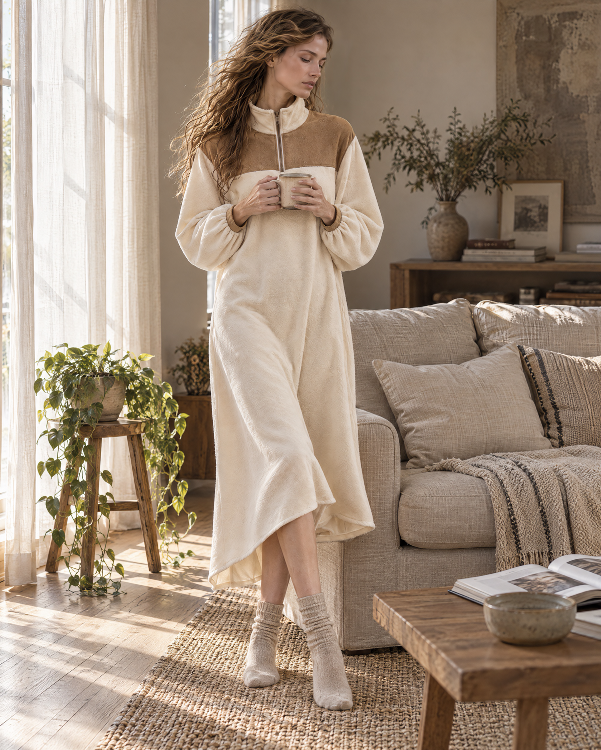 Casual Cream Sherpa Suede-yoke Half-zip Long-sleeve Midi Dress MVA002900AA