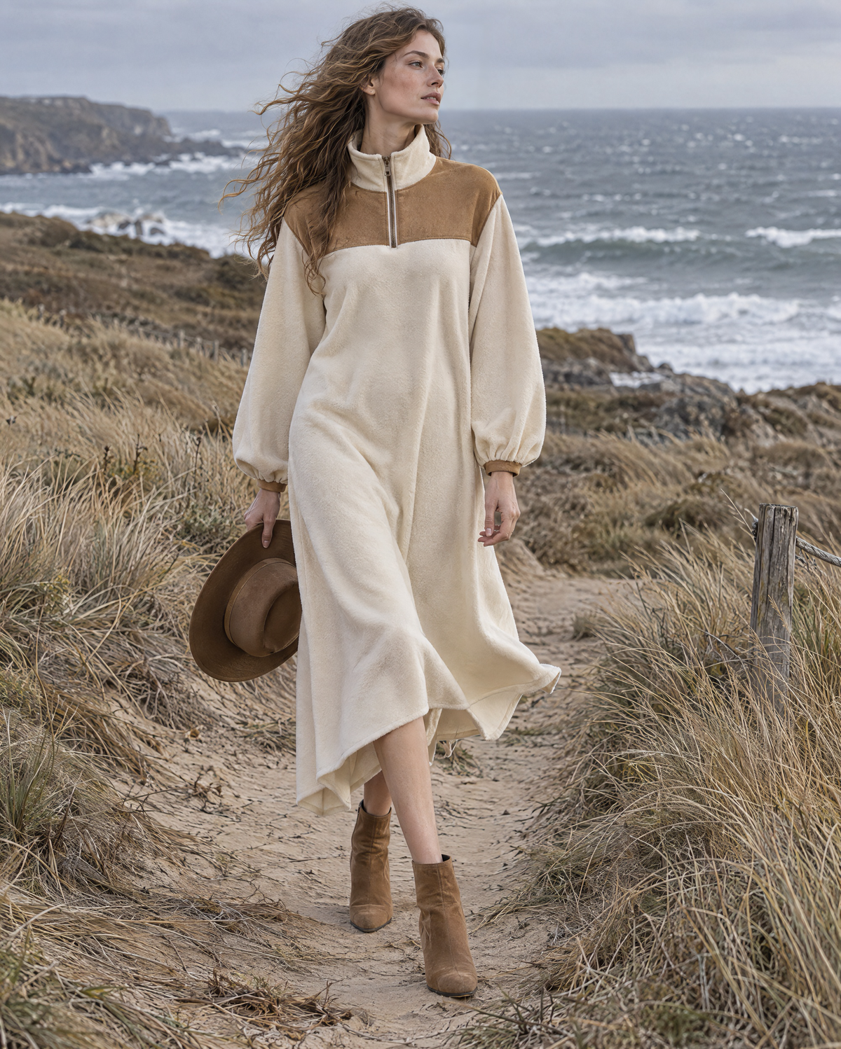 Casual Cream Sherpa Suede-yoke Half-zip Long-sleeve Midi Dress MVA002900AA