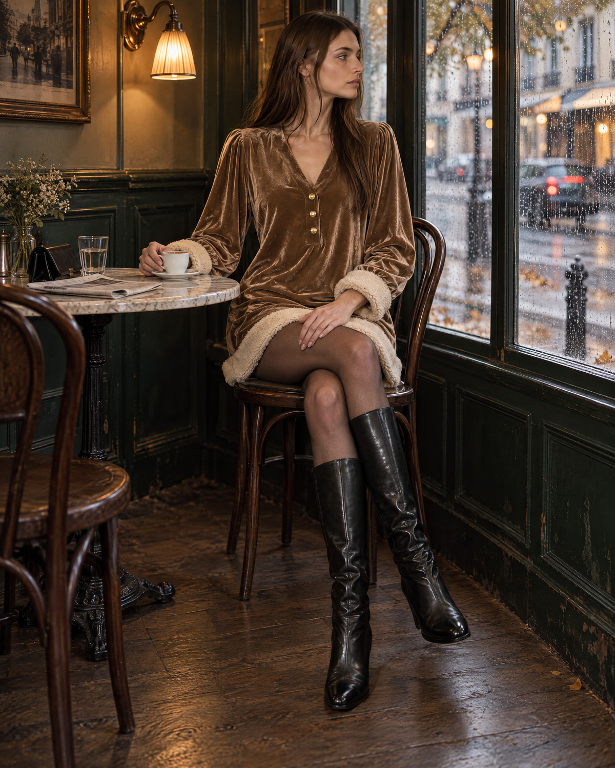 Elegant Caramel Velvet Sherpa-trim V-neck Balloon-sleeve Mini Dress MVA002930AA