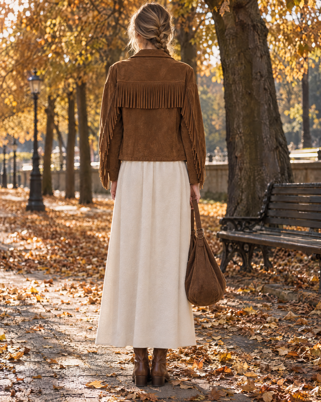 Bohemian Western Brown Faux-suede Fringed Shirt-collar Cropped Jacket MVA002940AA
