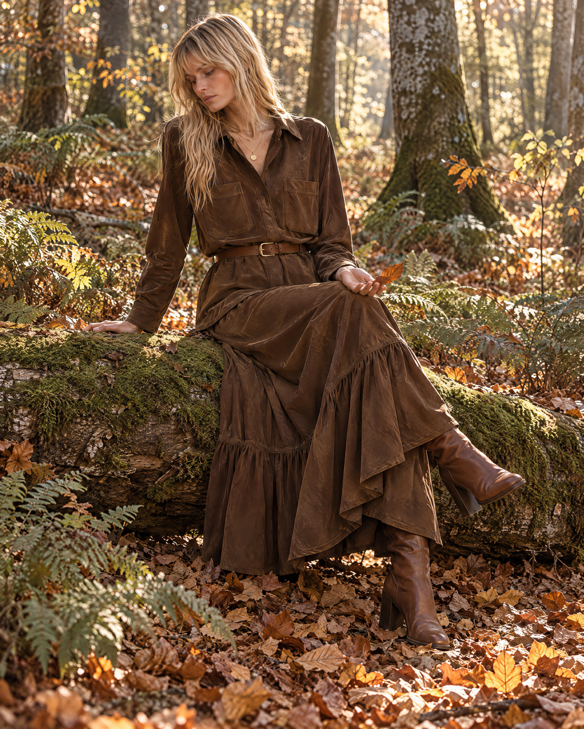 Bohemian Brown Faux-suede Shirt-collar Peplum Top And Tiered Maxi Skirt Set MVA002970AA