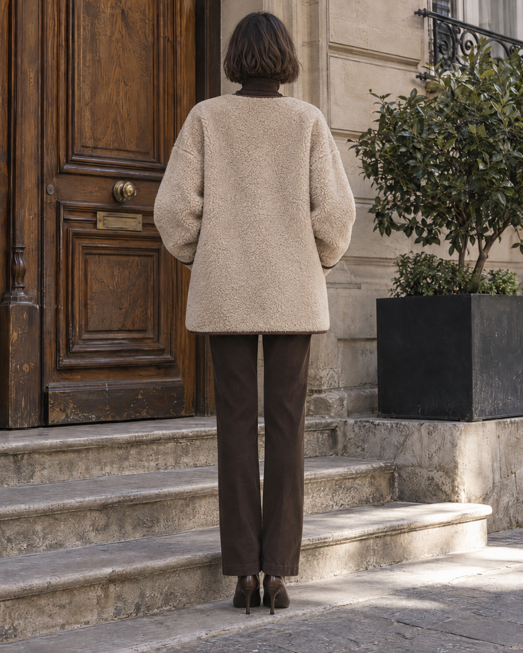 Casual Cream Sherpa Leather-trim Toggle-front Hip-length Jacket MVA002980AA