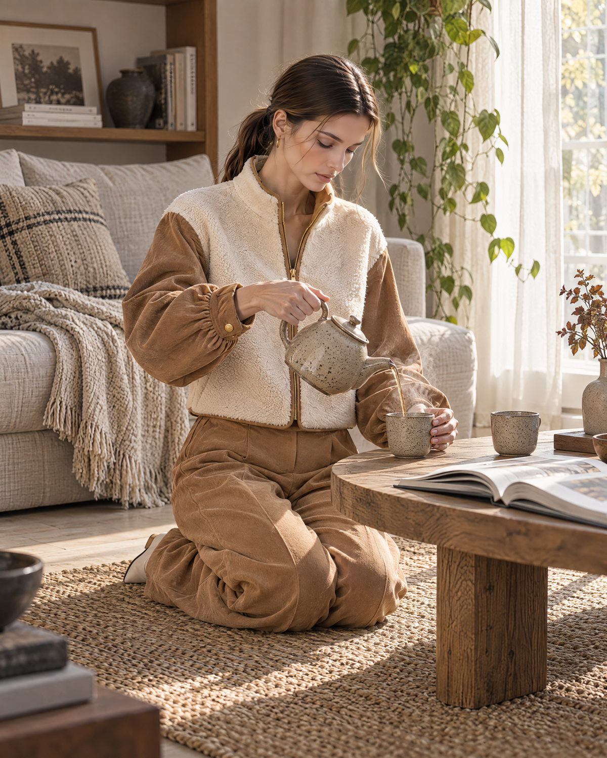 Casual Camel Corduroy Sherpa Zip-front Cropped Jacket And Wide-leg Pants Set MVA002990AA