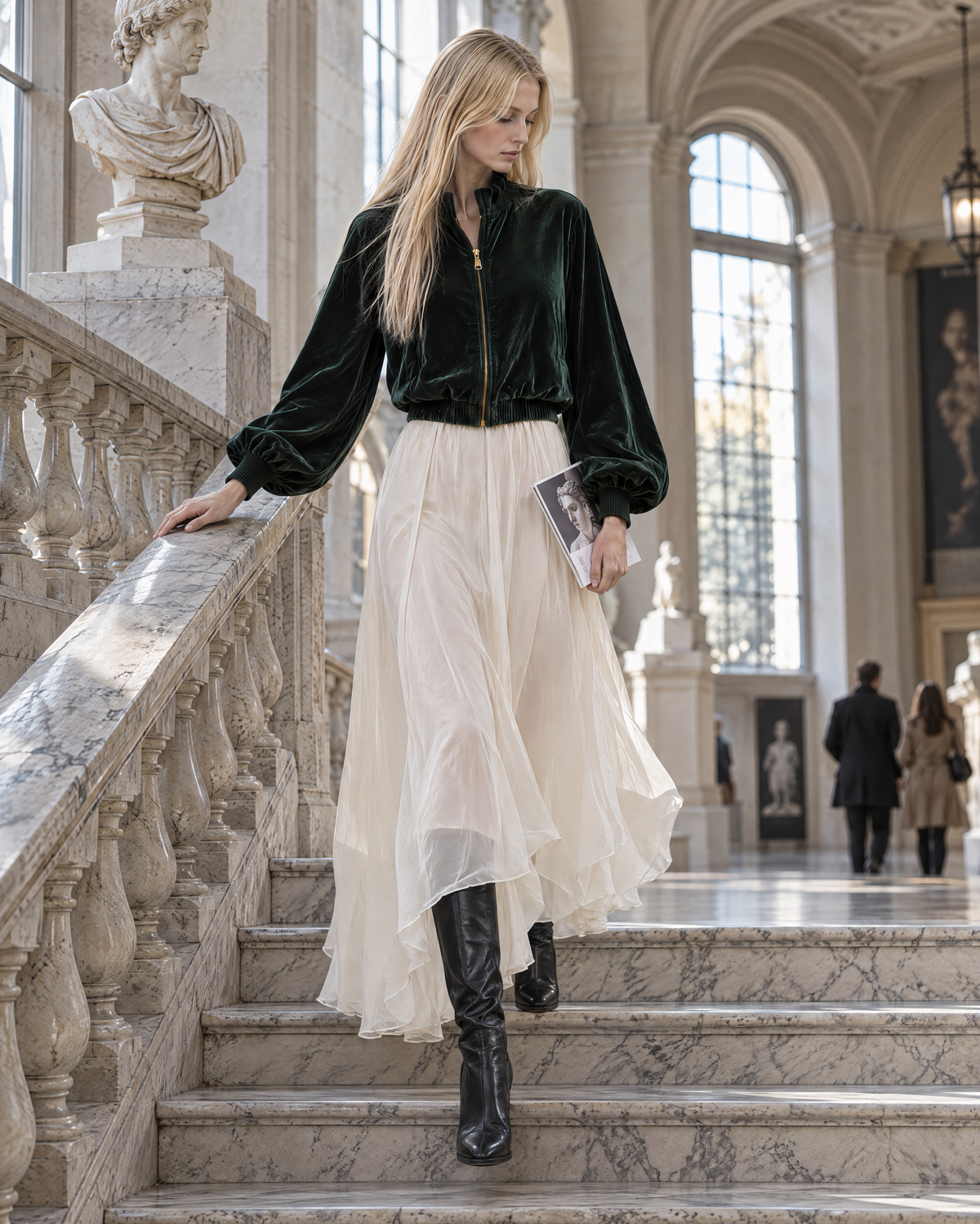 Elegant Dark Green Velvet Stand-collar Zip-front Cropped Bomber Jacket MVA003000AA