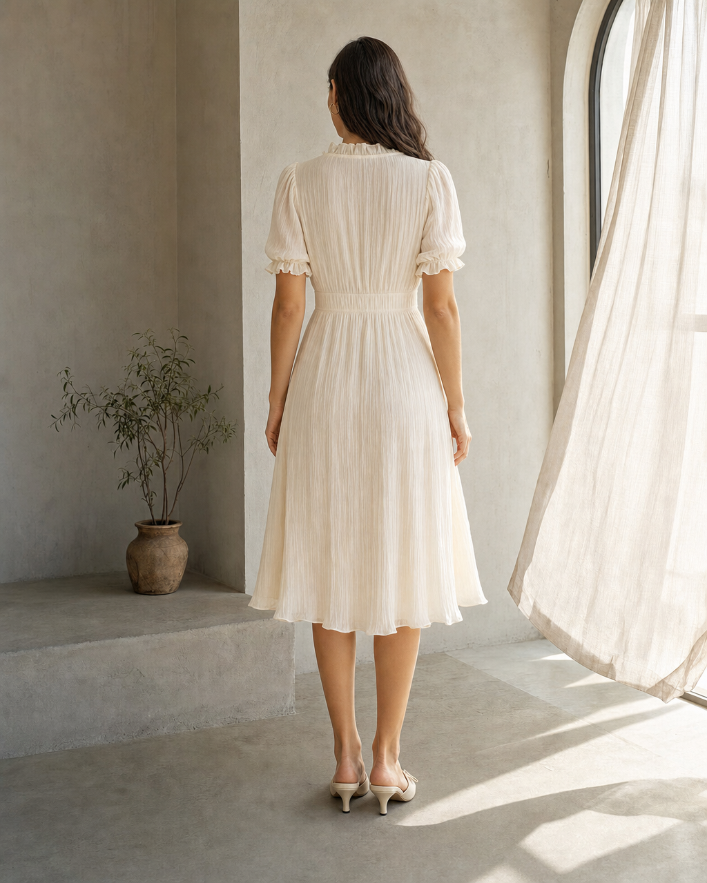 Cream Ruffled V-Neck Puff Sleeve Midi Dress Front Button Textured Flowy Summer Dress MVA000300AA