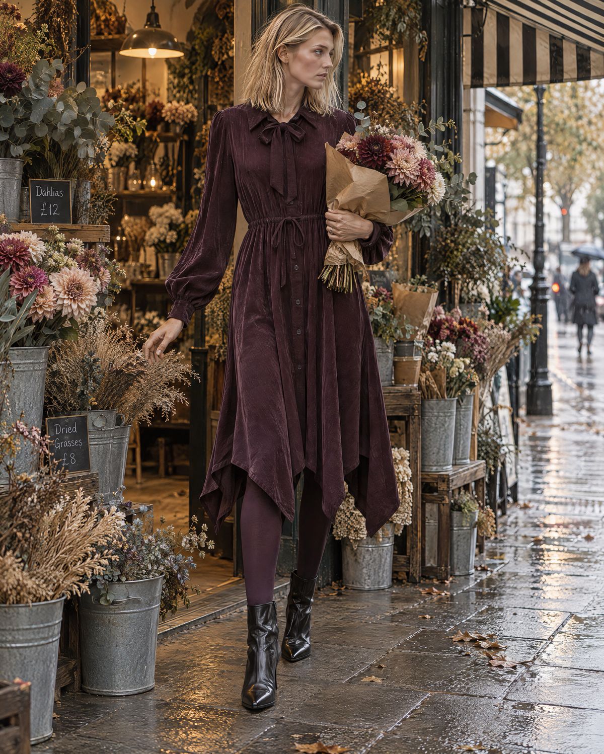 Casual Plum Corduroy Tie-neck Handkerchief-hem Midi Dress MVA003030AA