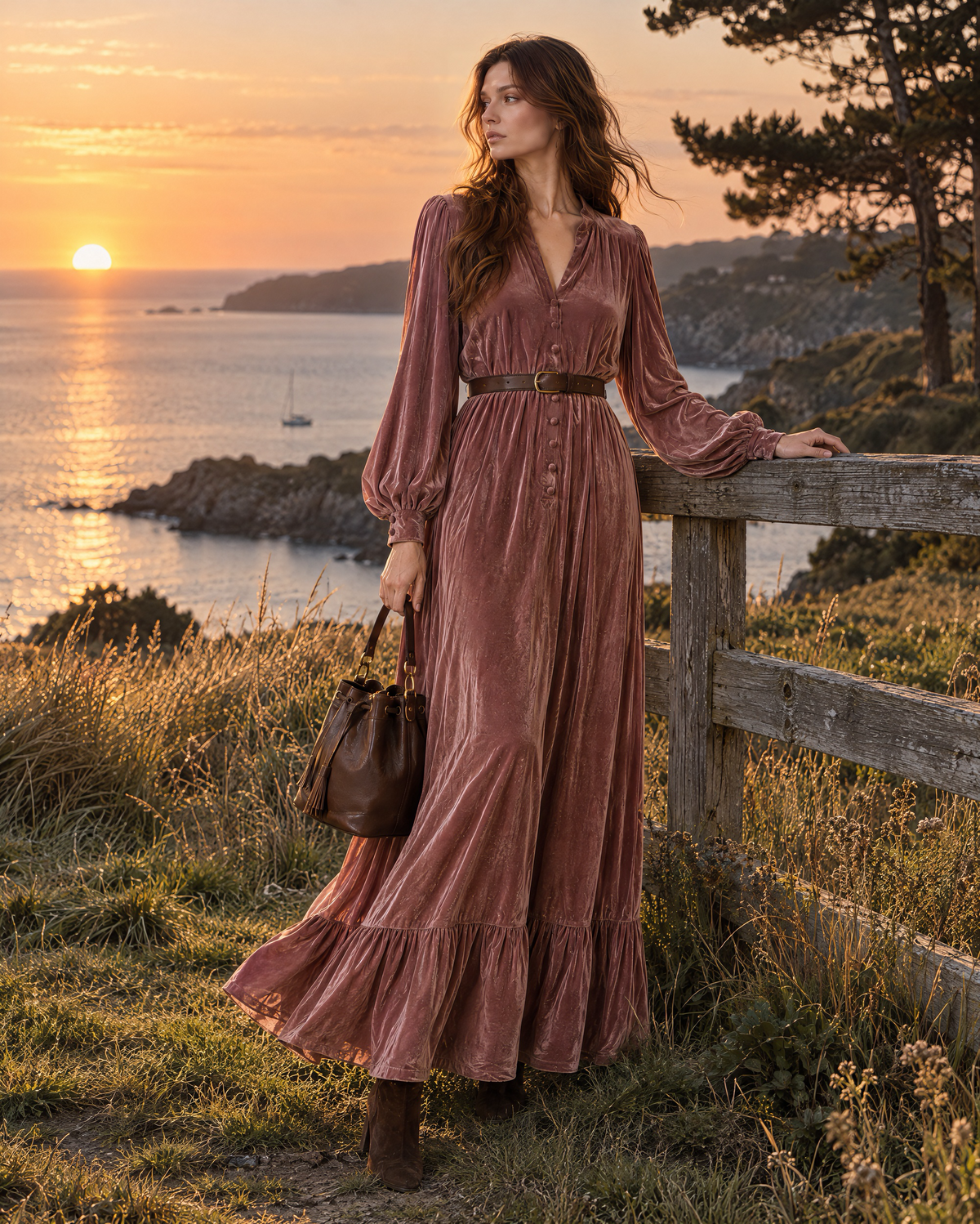 Bohemian Dusty Rose Velvet V-neck Ruffle-hem Maxi Dress MVA003050AA