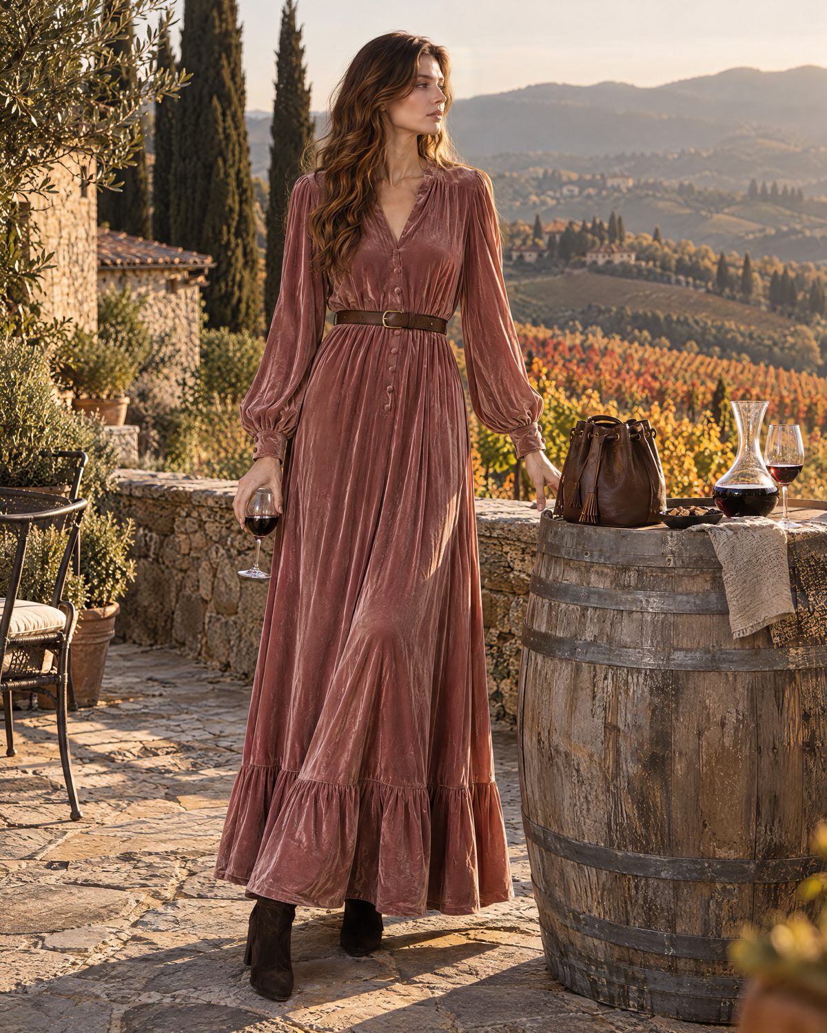 Bohemian Dusty Rose Velvet V-neck Ruffle-hem Maxi Dress MVA003050AA
